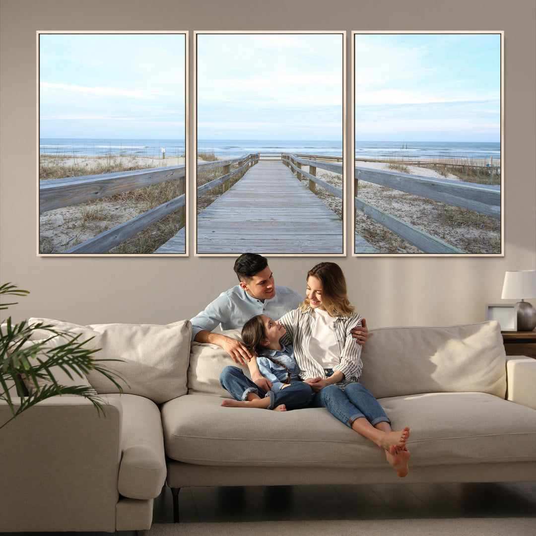 Beach Boardwalk Wall Art Canvas Print, Framed Coastal Serenity Art Picture Print, Ocean View Perfect Coastal Decor Artwork
