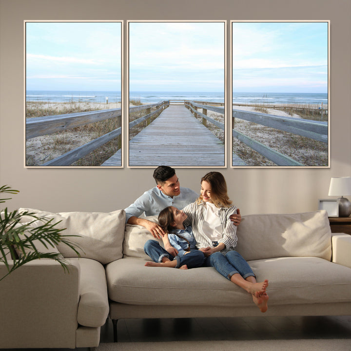 Beach Boardwalk Wall Art Canvas Print, Framed Coastal Serenity Art Picture Print, Ocean View Perfect Coastal Decor Artwork