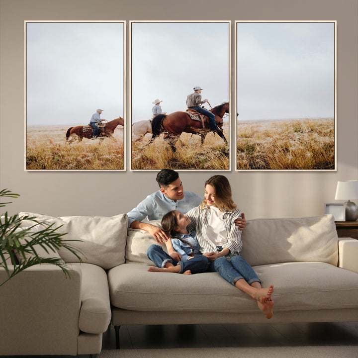 Three cowboys riding horses through a foggy prairie landscape, dressed in Western attire, evoking a rustic and adventurous Wild West aesthetic.