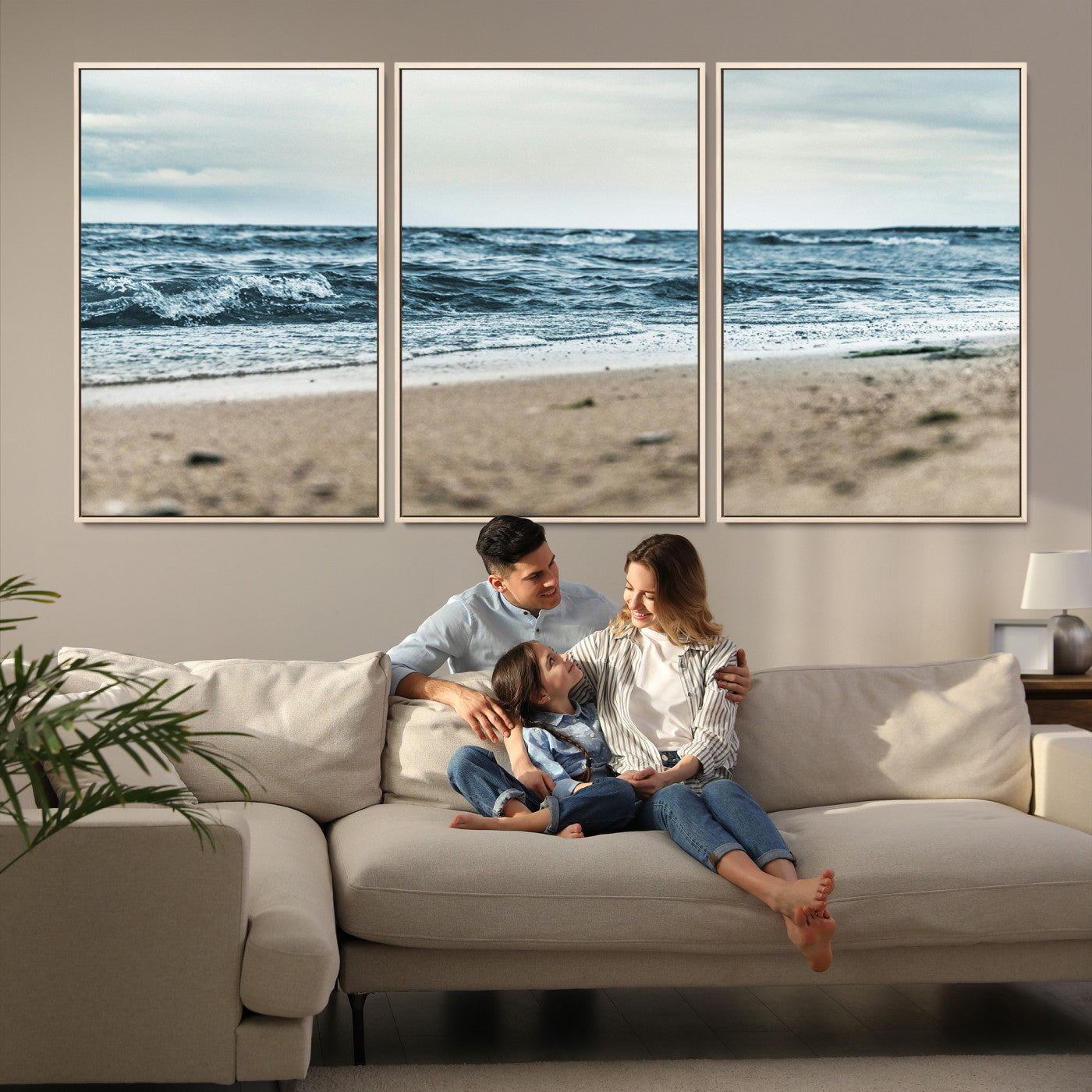 81812590-MGV-FC-60X30-3P-Ocean Wall Art Canvas Print, Framed Coastal Canvas Art Picture Print, Moody Seascape Perfect Coastal Minimalist Decor Artwork