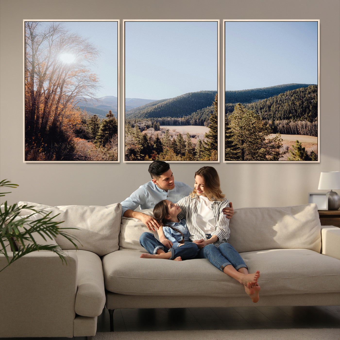 52941305-MGV-FC-60X30-3P-Rustic Landscape Wall Art Canvas Print, Framed Serene Valley Art Picture Print, Pine Tree Horizon Perfect Rustic Cabin Decor Artwork