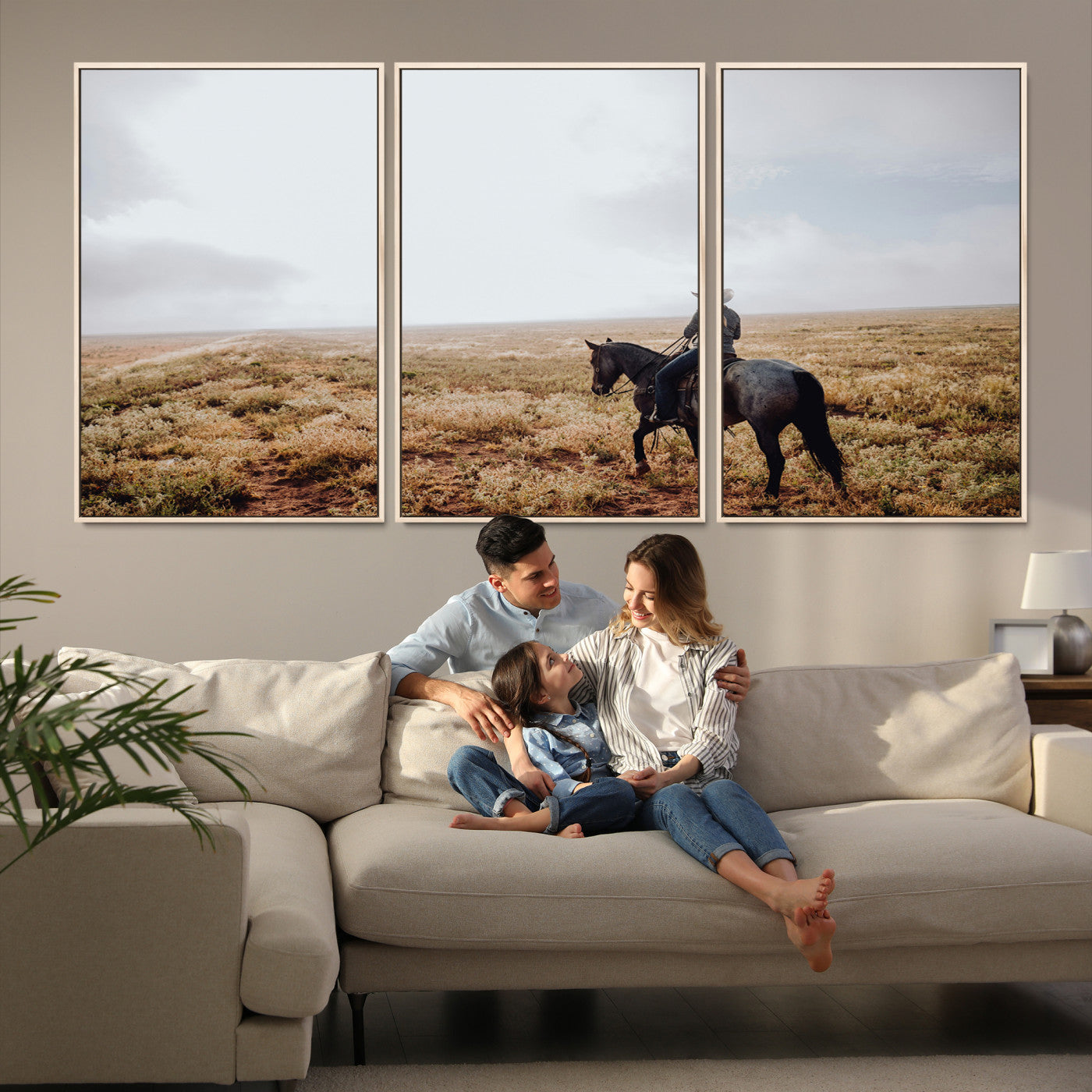 57597730-MGV-FC-60X30-3P-Cowboy Wall Art Wall Art Canvas Print, Framed Western Canvas Art Picture Print, Rustic Ranch Scene Perfect Rustic Western Decor Artwork