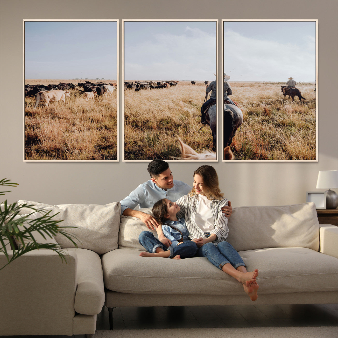 22431577-MGV-FC-60X30-3P-Western Wall Art Wall Art Canvas Print, Framed Cowboy Canvas Art Picture Print, Cattle Drive Scene Perfect Rustic Western Decor Artwork