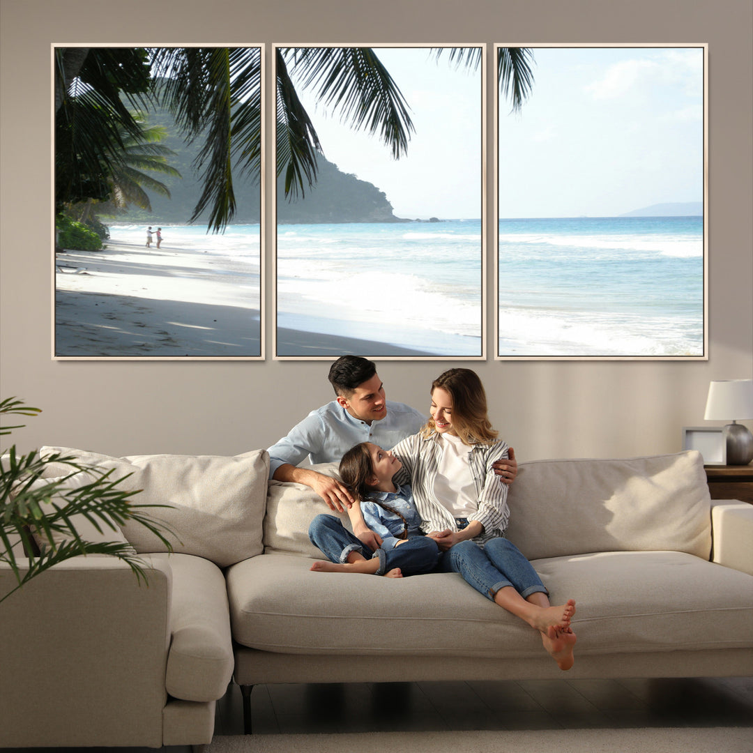 Tropical beach with palm tree shadows, white sand, and turquoise ocean waves, creating a serene and relaxing island escape atmosphere.