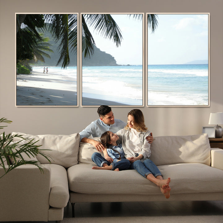 Tropical beach with palm tree shadows, white sand, and turquoise ocean waves, creating a serene and relaxing island escape atmosphere.