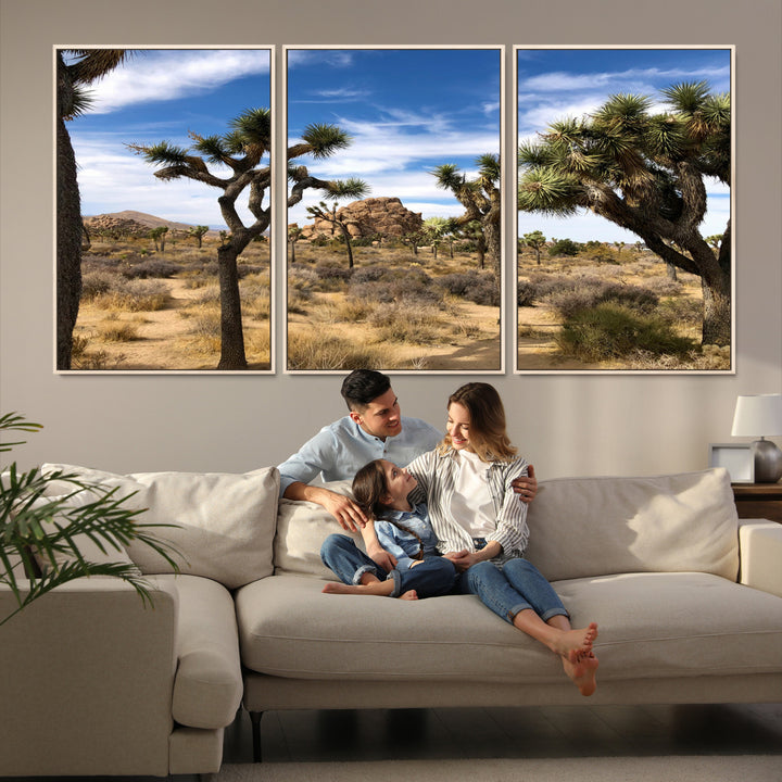 Scenic Joshua Tree landscape with rugged desert terrain, golden dry grass, and a deep blue sky, creating a warm, rustic Southwestern aesthetic.