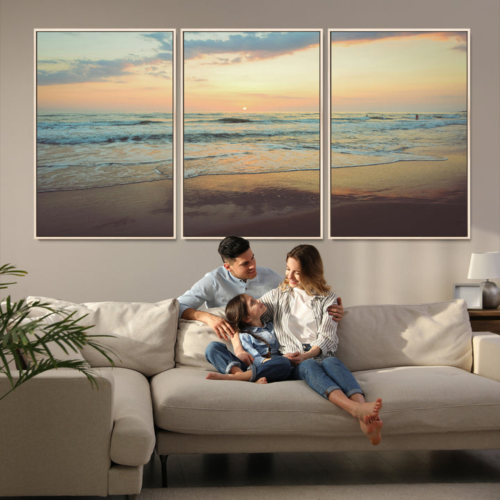 Warm sunset over gentle ocean waves with pastel sky and reflections on wet sand, creating a calm and soothing beach ambiance.
