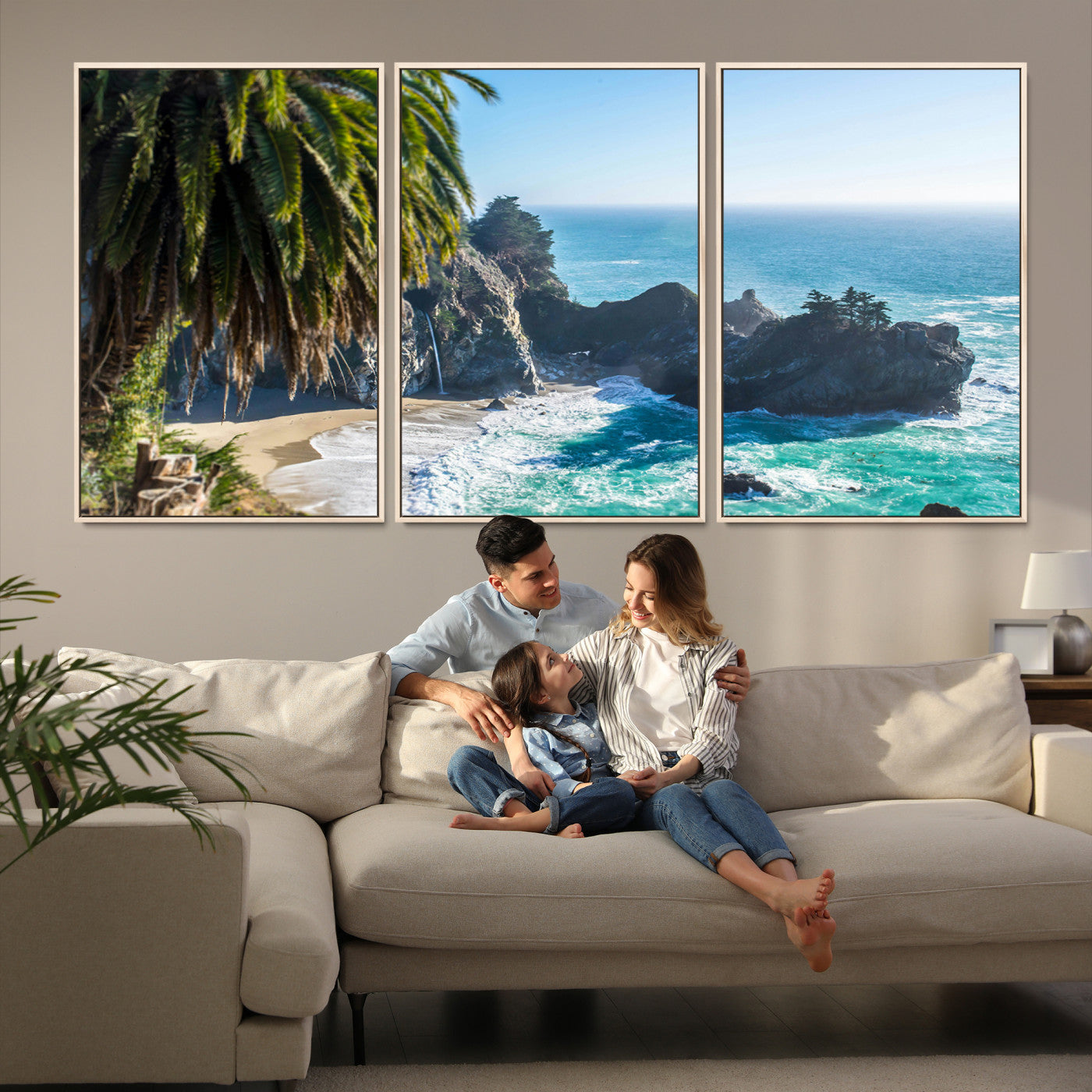 49714835-MGV-FC-60X30-3P-Big Sur Photography Wall Art Canvas Print, Framed California Coastline Art Picture Print, Tropical Seascape Perfect Coastal Minimalist Decor