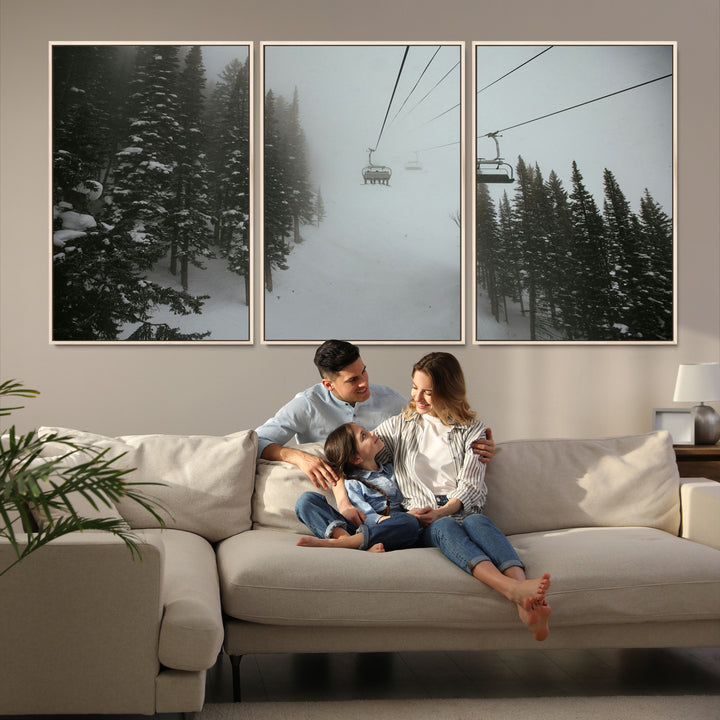 Ski Lift Wall Art Canvas Print, Framed Snowy Pines Art Picture Print, Misty Landscape Perfect Winter Serenity Decor Artwork