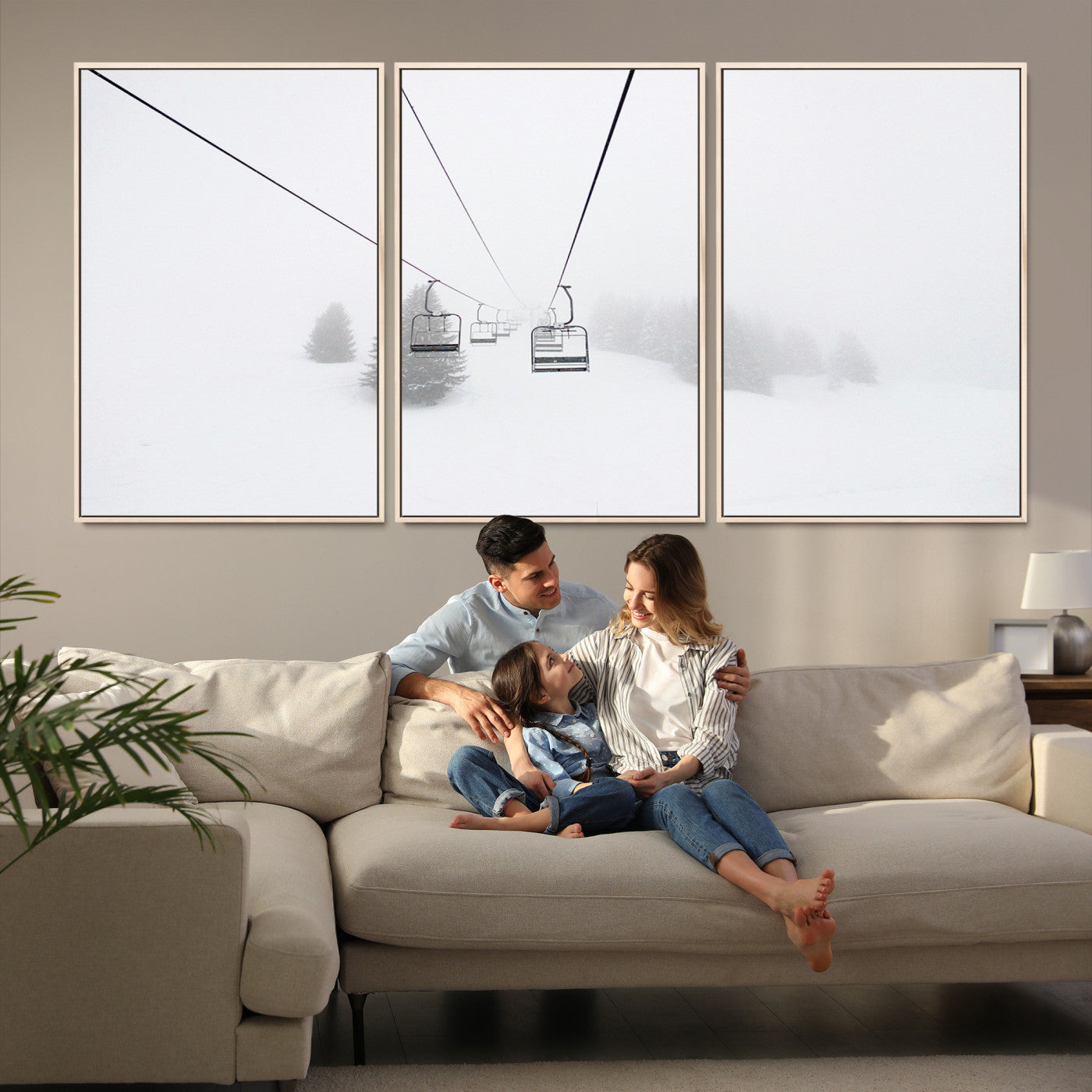20216390-MGV-FC-60X30-3P_Natural-Ski Lift Print Wall Art Canvas, Framed Snowy Landscape Art Picture Print, Alpine Adventure Perfect Nordic Minimalist Decor Artwork
