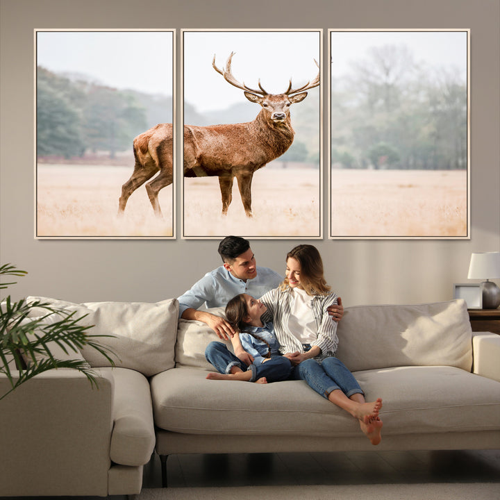 Vintage Wildlife Canvas Print, Framed Misty Landscape Art Picture Print, Deer Wall Art Perfect Rustic Wildlife Decor Artwork