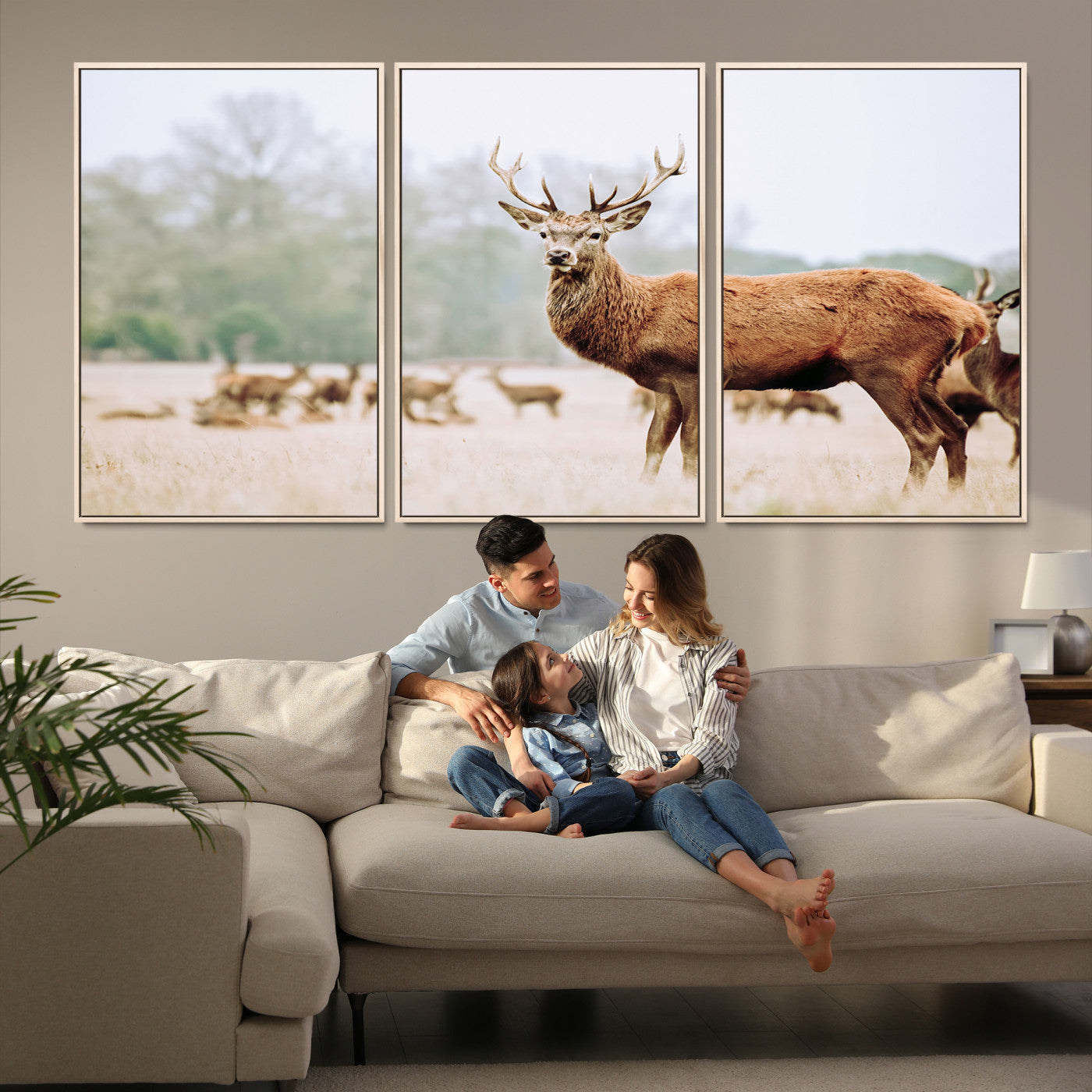 53240224-MGV-FC-60X30-3P_Natural-Rustic Nature Print Wall Art Canvas Print, Framed Deer Canvas Wall Art Art Picture Print, Nordic Animal Art Perfect Rustic Nature Decor