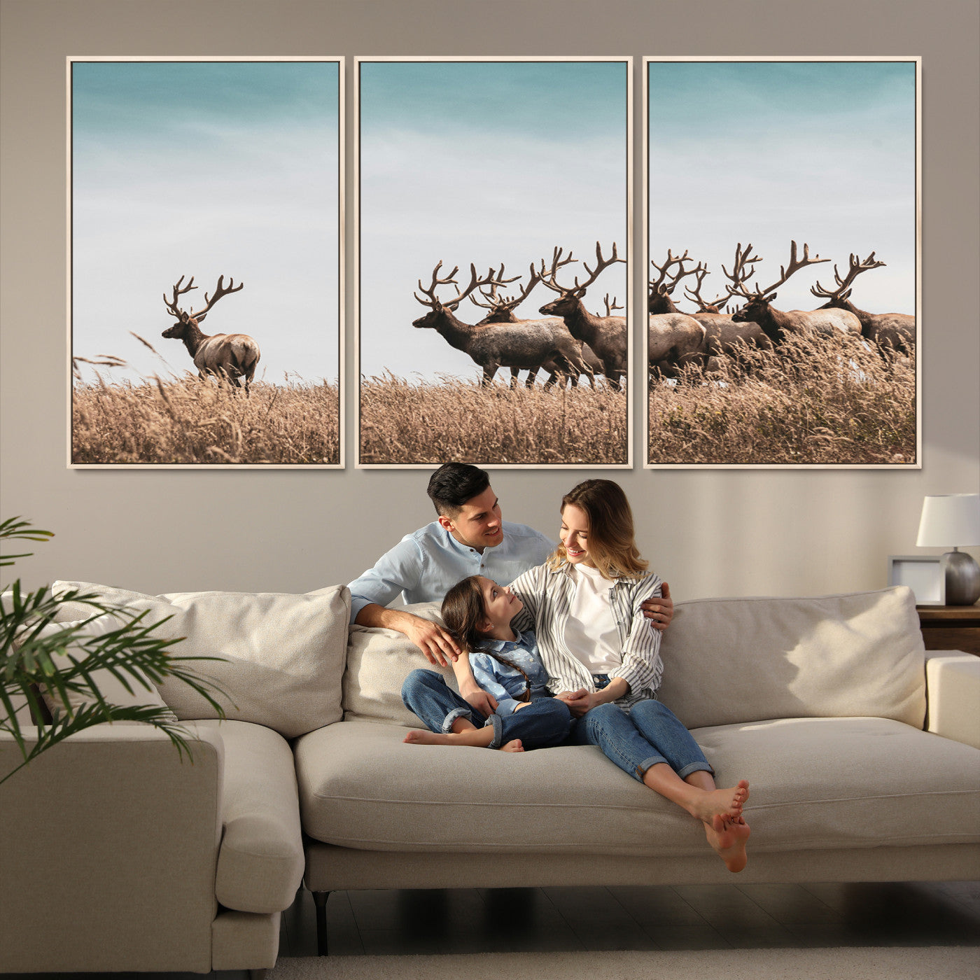81594705-MGV-FC-60X30-3P_Natural-Elk Herd Wall Art Canvas, Antler Canvas Print, Framed Wildlife Photography Art Picture Print, Rustic Nature Print Perfect Rustic Wildlife