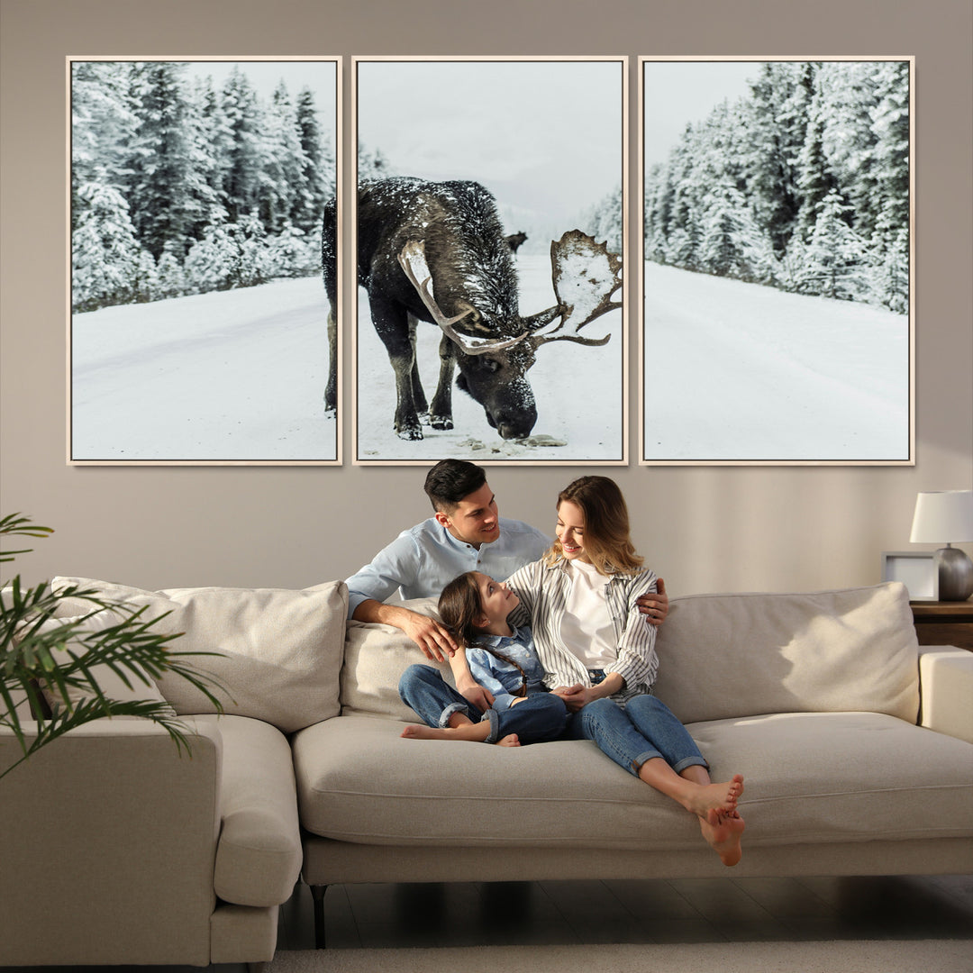 Moose in Snow Wall Art Canvas Print, Framed Winter Wildlife Art Picture Print, Snowy Forest Scene Perfect Rustic Lodge Decor Artwork