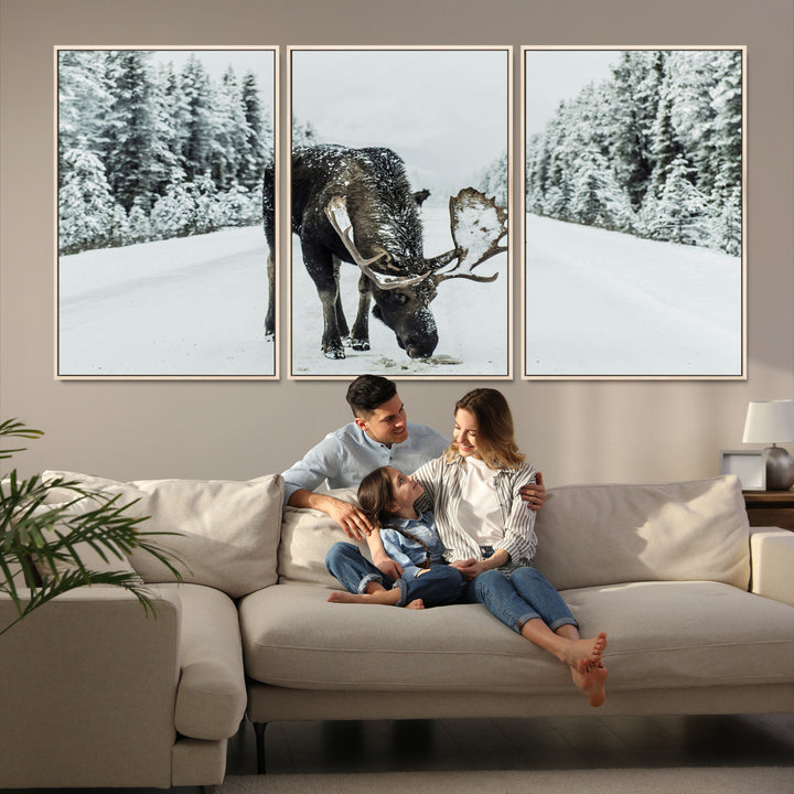 Moose in Snow Wall Art Canvas Print, Framed Winter Wildlife Art Picture Print, Snowy Forest Scene Perfect Rustic Lodge Decor Artwork