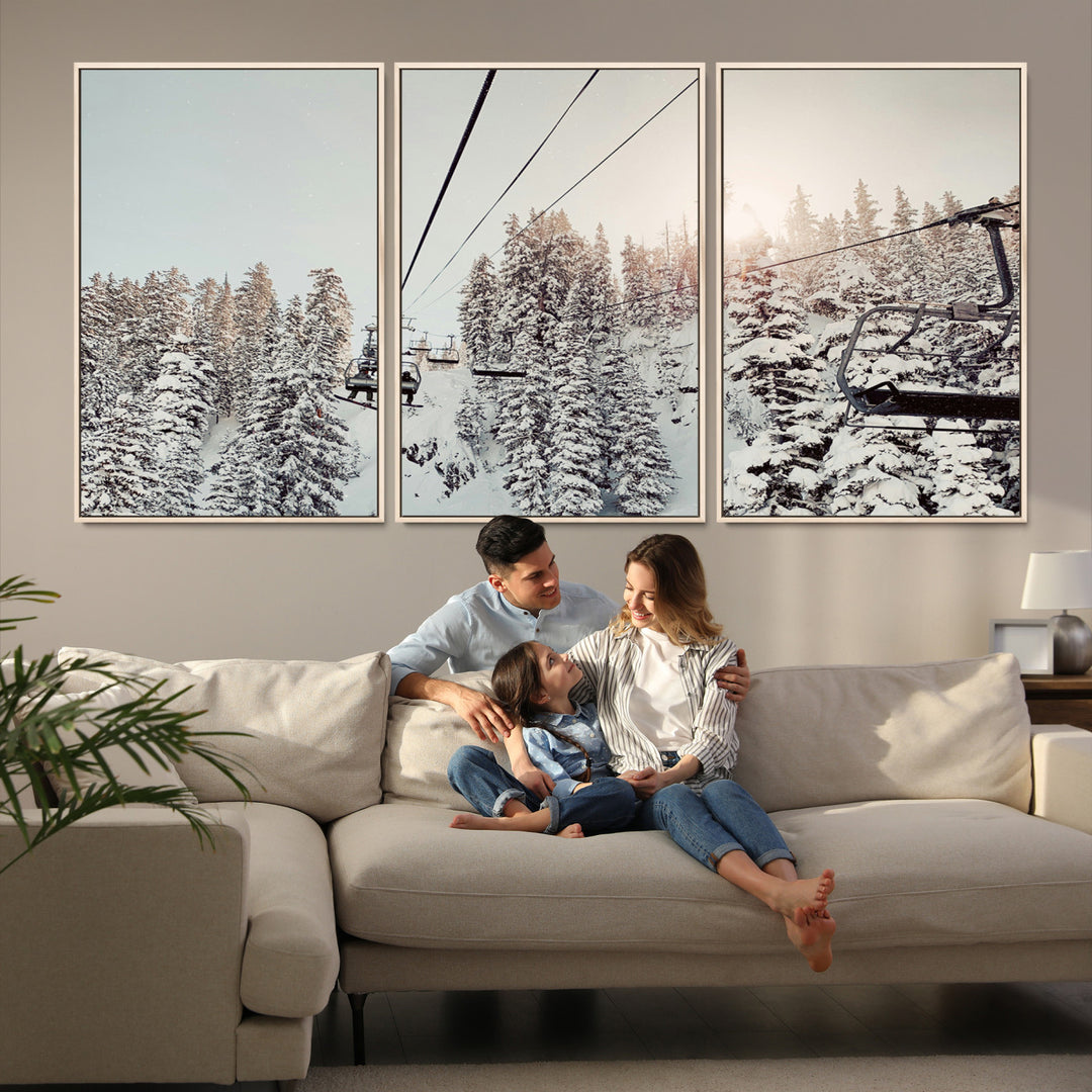91534512-MGV-FC-60X30-3P_Natural-Frosty Pines Wall Art Canvas Print, Framed Cozy Cabin View Art Picture Print, Ski Lift Ride Perfect Rustic Lodge Decor Artwork