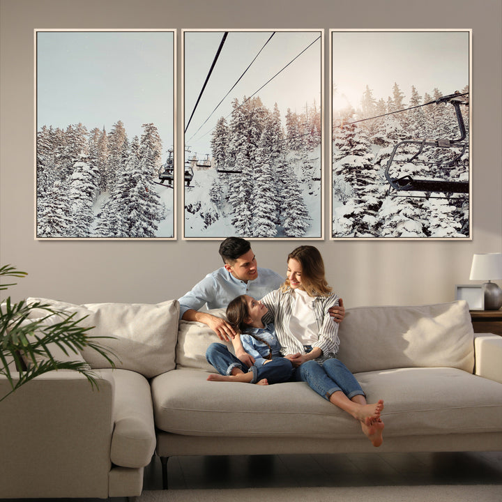 91534512-MGV-FC-60X30-3P_Natural-Frosty Pines Wall Art Canvas Print, Framed Cozy Cabin View Art Picture Print, Ski Lift Ride Perfect Rustic Lodge Decor Artwork