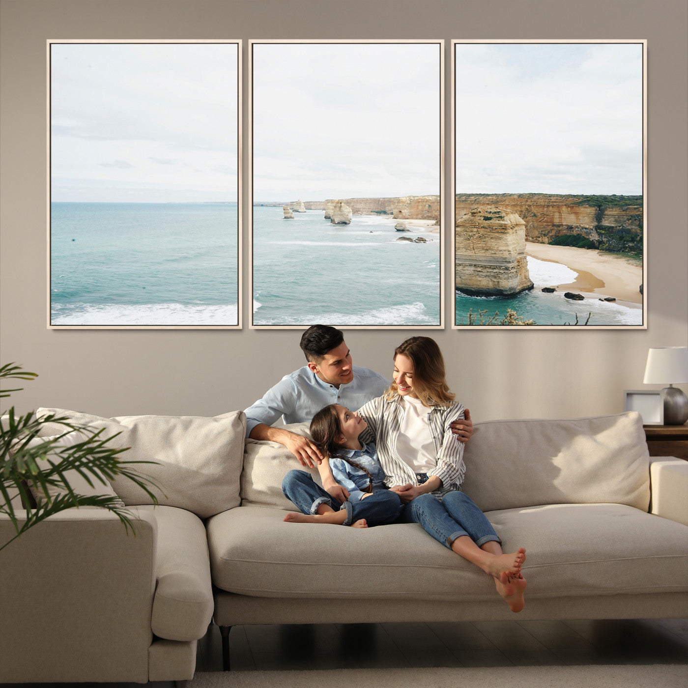 70095633-MGV-FC-60X30-3P_Natural-Twelve Apostles Wall Art Canvas Print, Framed Coastal Cliffs Art Picture Print, Rugged Rock Formations Perfect Minimalist Coastal Decor