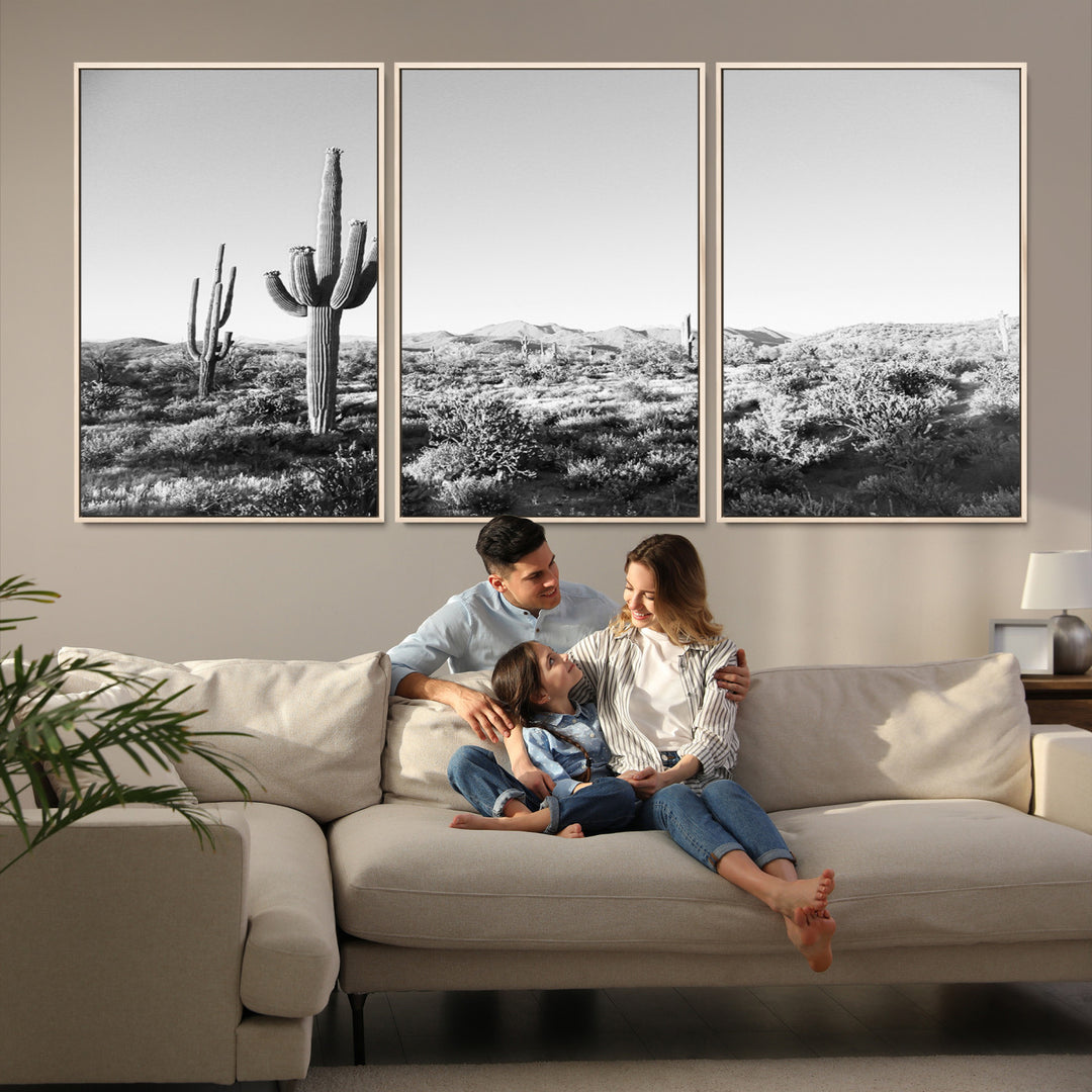 Saguaro Cactus Wall Art Canvas Print, Monochrome Landscape Print, Framed Scenic Arizona Art Print, Large Timeless Western Aesthetic Printing