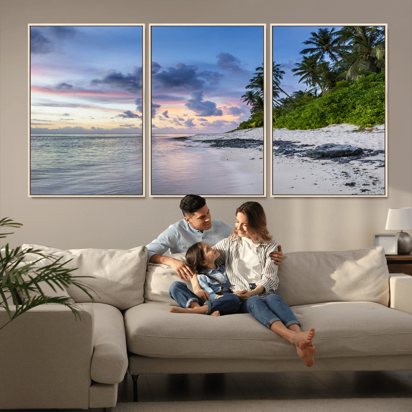 MGV-FC-60X30-3P - Tropical Beach Wall Art Canvas Print, Framed Sunset Glow Art Picture Print, Palm Tree Coast Perfect Tropical Coastal Decor Artwork