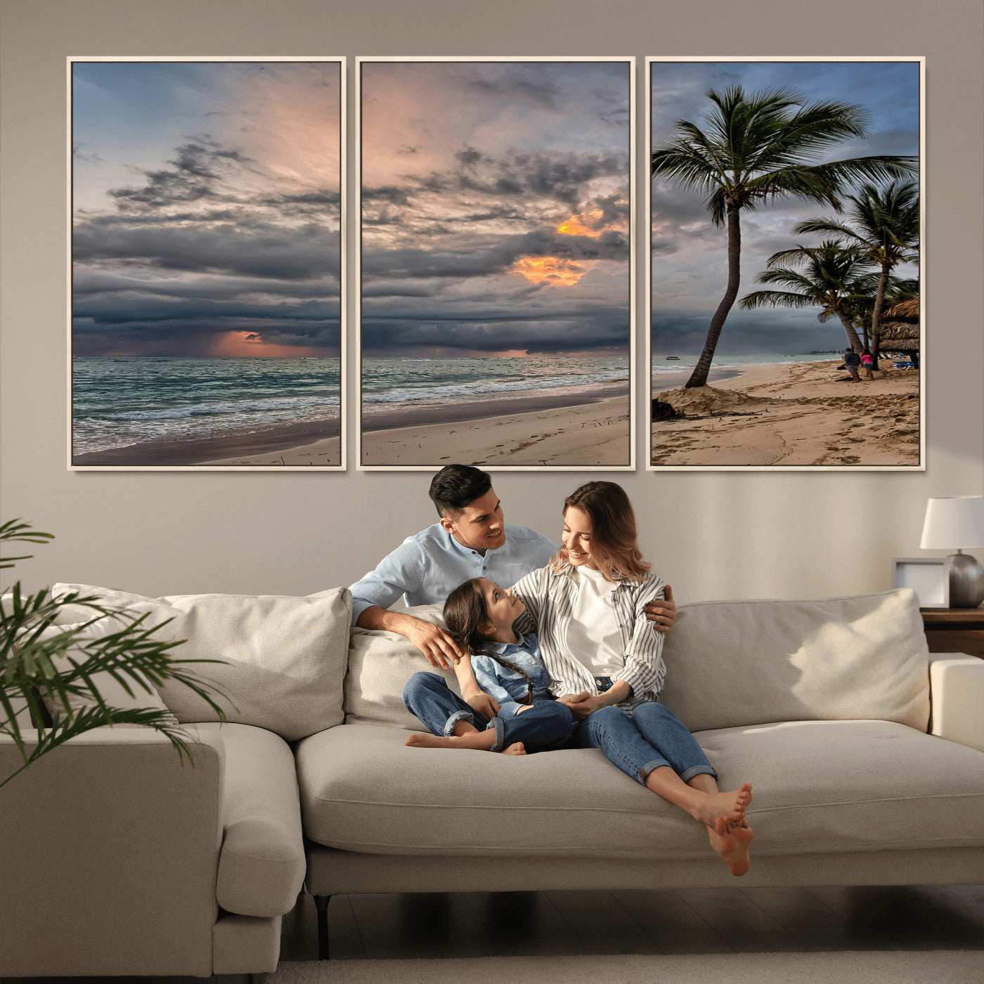 MGV-FC-60X30-3P - Tropical Storm Wall Art Canvas Print, Framed Moody Beach Art Picture Print, Dramatic Sky Perfect Tropical Coastal Decor Artwork