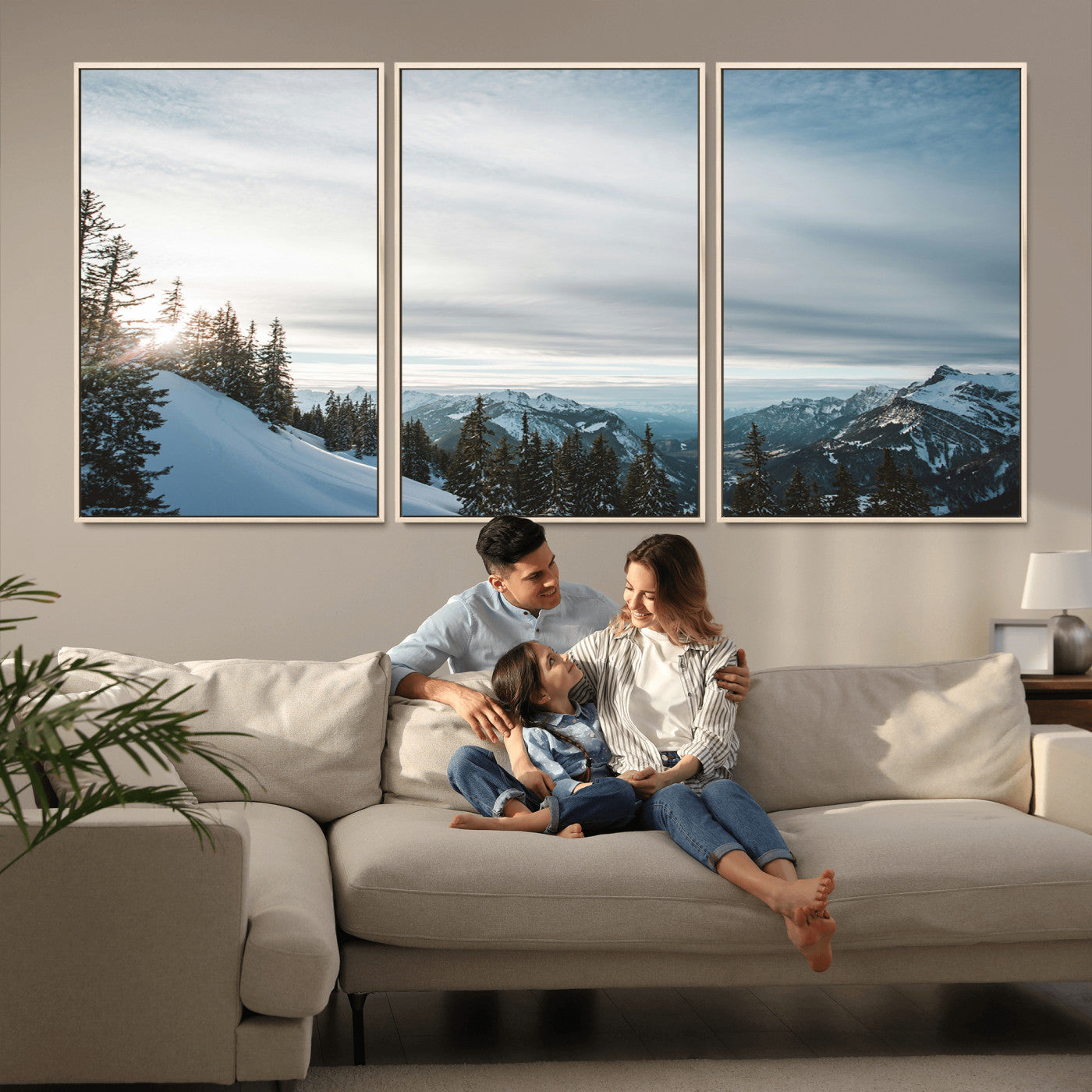 MGV-FC-60X30-3P - Snowy Mountains Wall Art Canvas Print, Framed Alpine Landscape Art Picture Print, Frosty Peaks Perfect Nordic Minimalist Decor Artwork