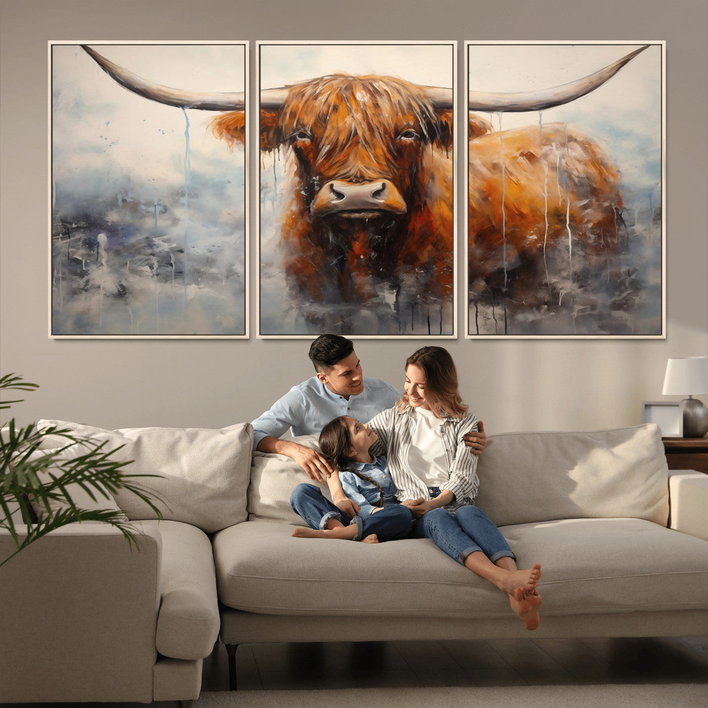MGV-FC-60X30-3P - Scottish Highland Wall Art Canvas Print, Framed Longhorn Art Picture Print, Western Cow Perfect Farmhouse Decor Artwork