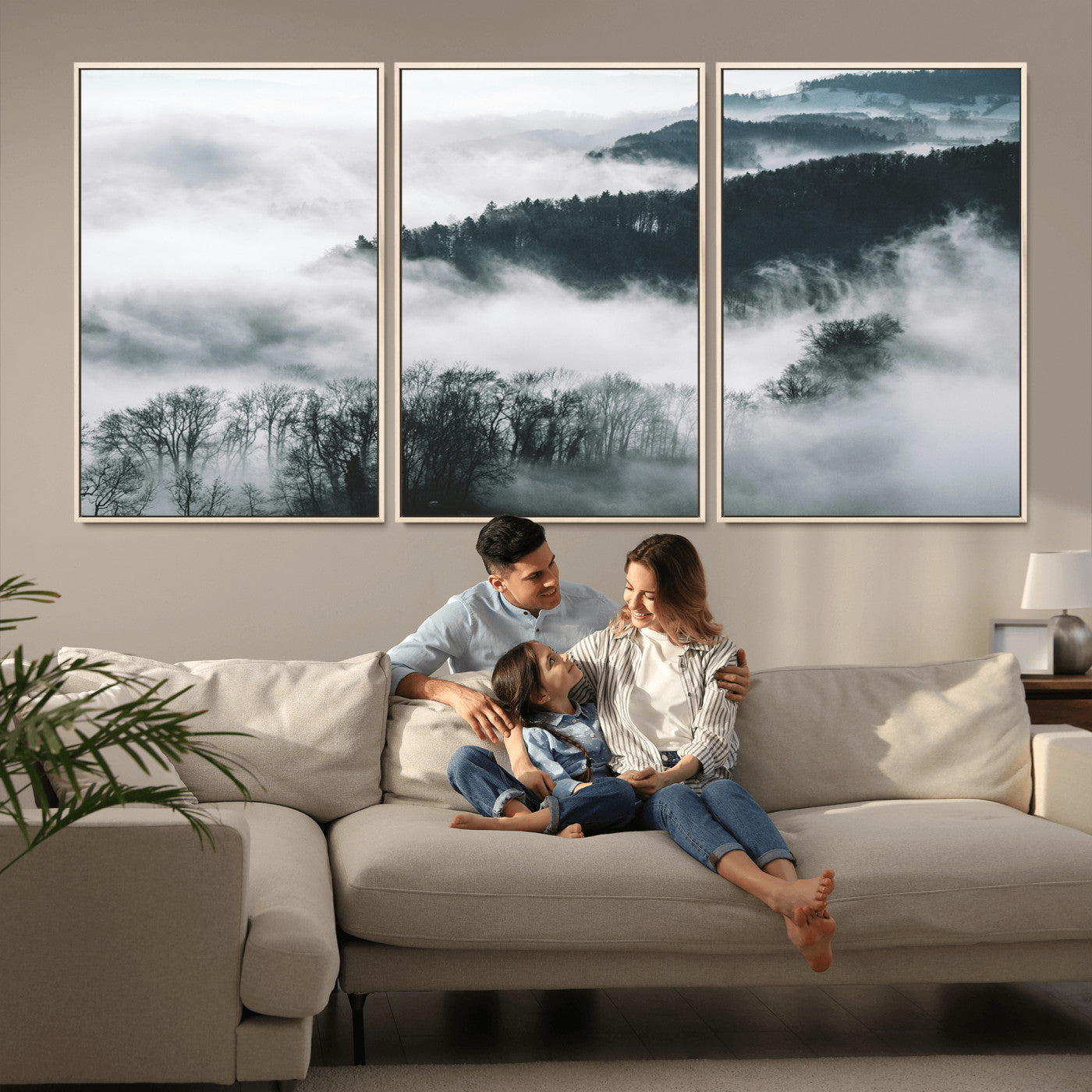 67569654-MGV-FC-60X30-3P_Natural-Foggy Forest Landscape Wall Art Canvas Print – Misty Mountain Valley Scene in Monochrome Tones, Perfect for Minimalist or Nordic Home Decor