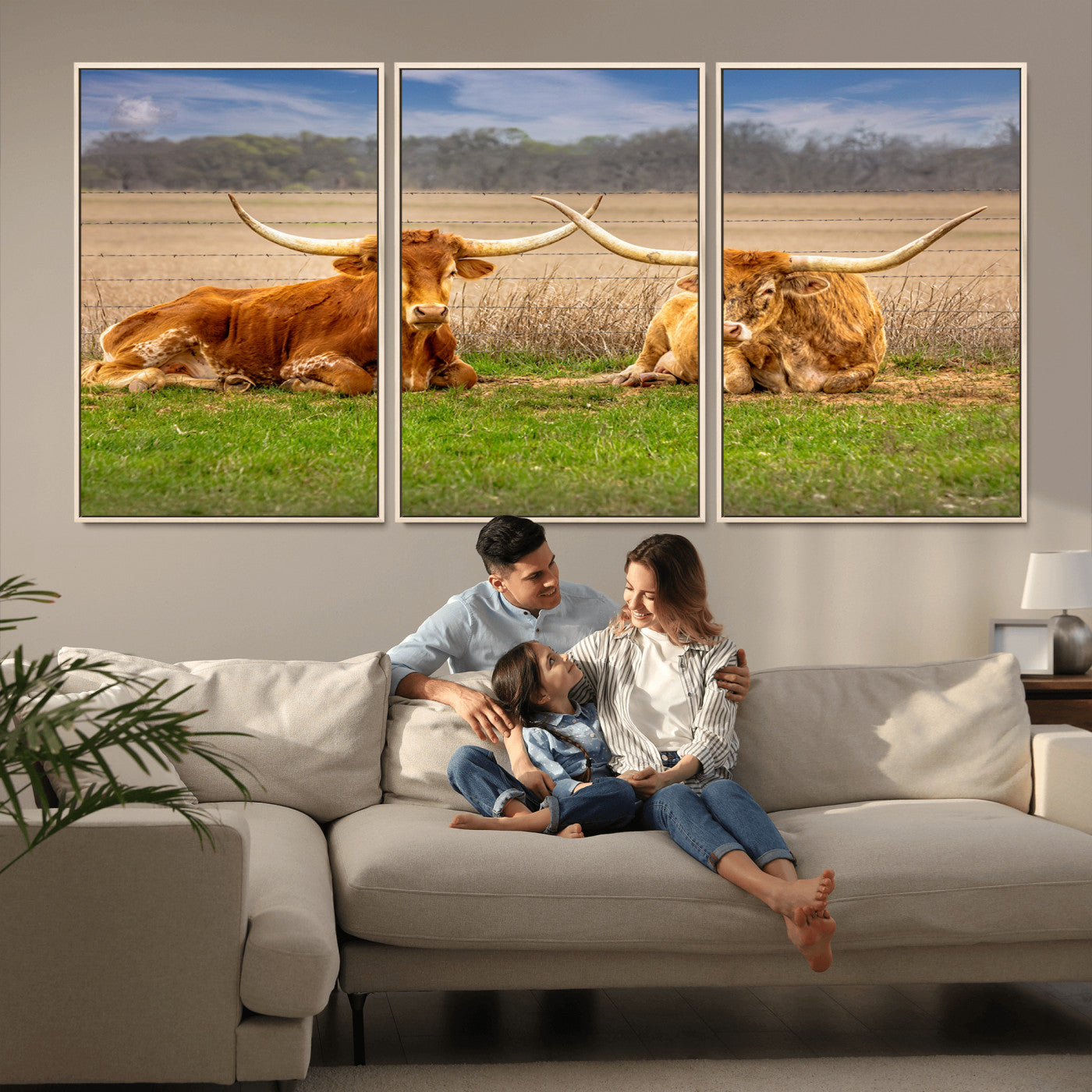 MGV-FC-60X30-3P - Texas Longhorn Pair Wall Art Canvas Print – Peaceful Rustic Ranch Scene with Two Cattle in Field,