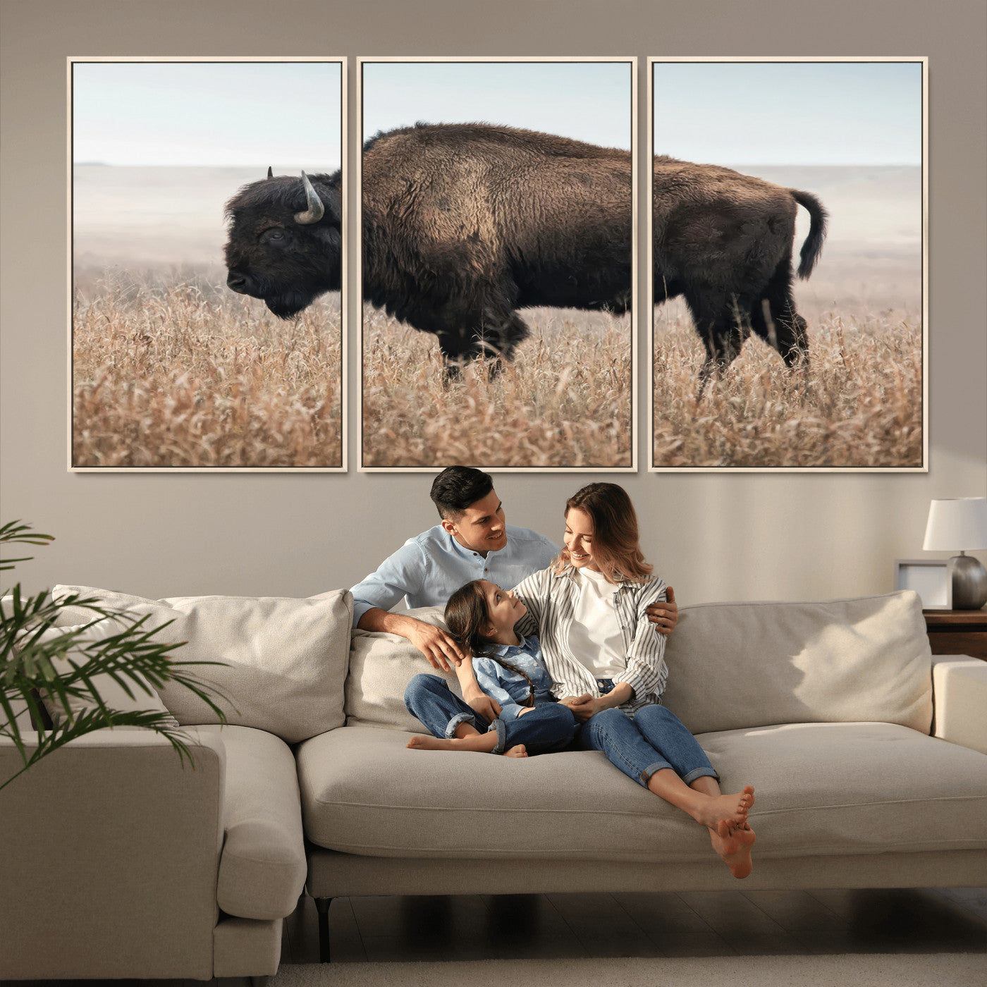 MGV-FC-60X30-3P - American Bison in Field  Wall Art Canvas Print – Powerful Winter Wildlife Scene with Buffalo in
