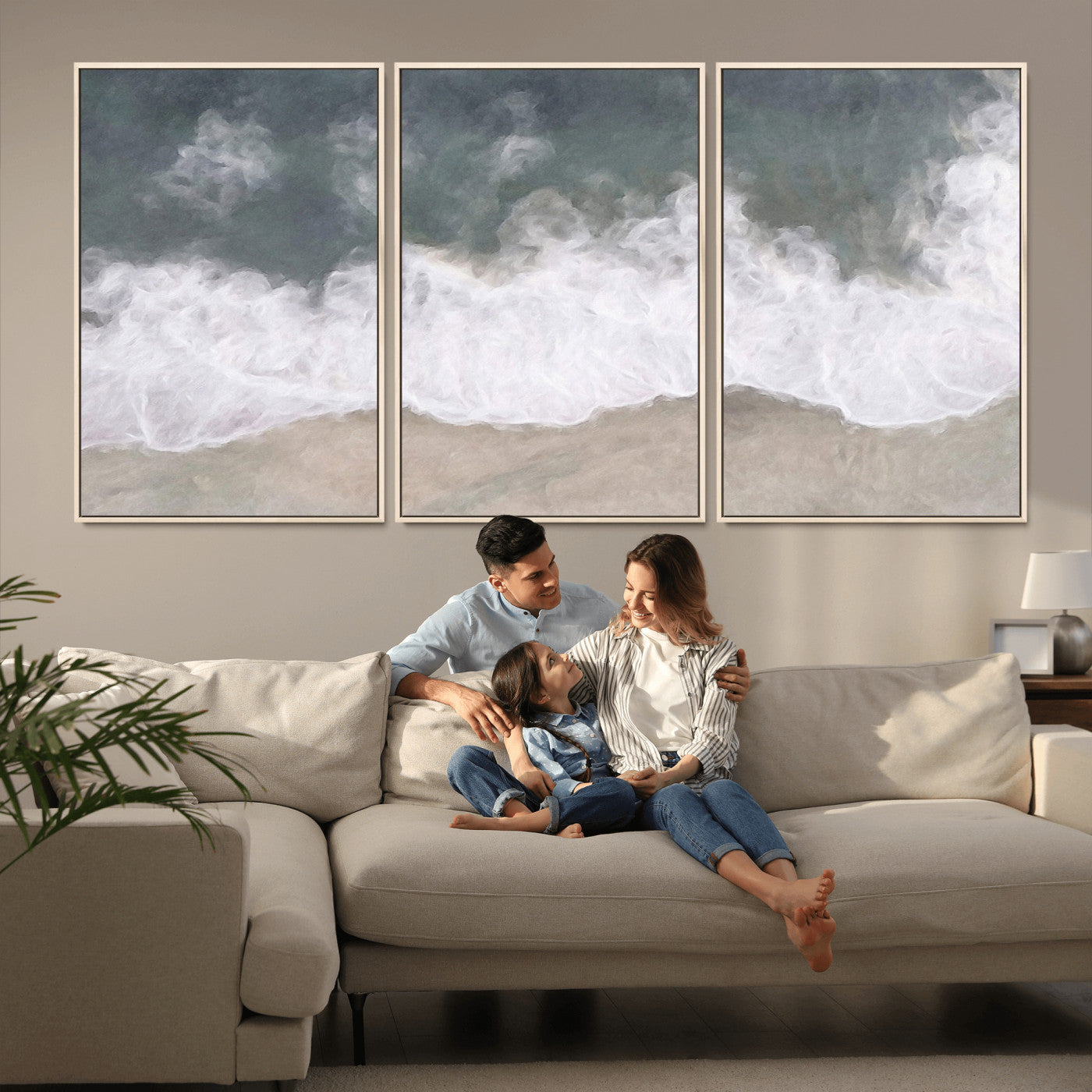 Wall art canvas print featuring foamy ocean waves softly rolling onto a sandy shore with a dreamy, painterly texture.