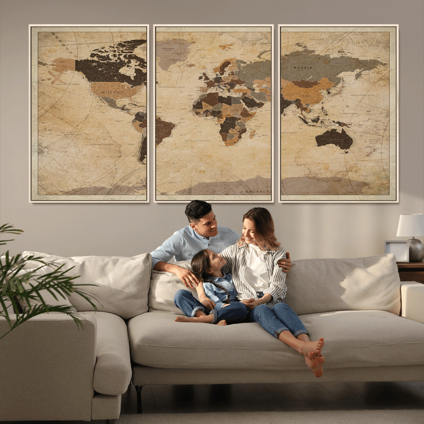 Vintage-style world map with muted brown, beige, and sepia tones, showing countries and continents with a weathered paper texture background.