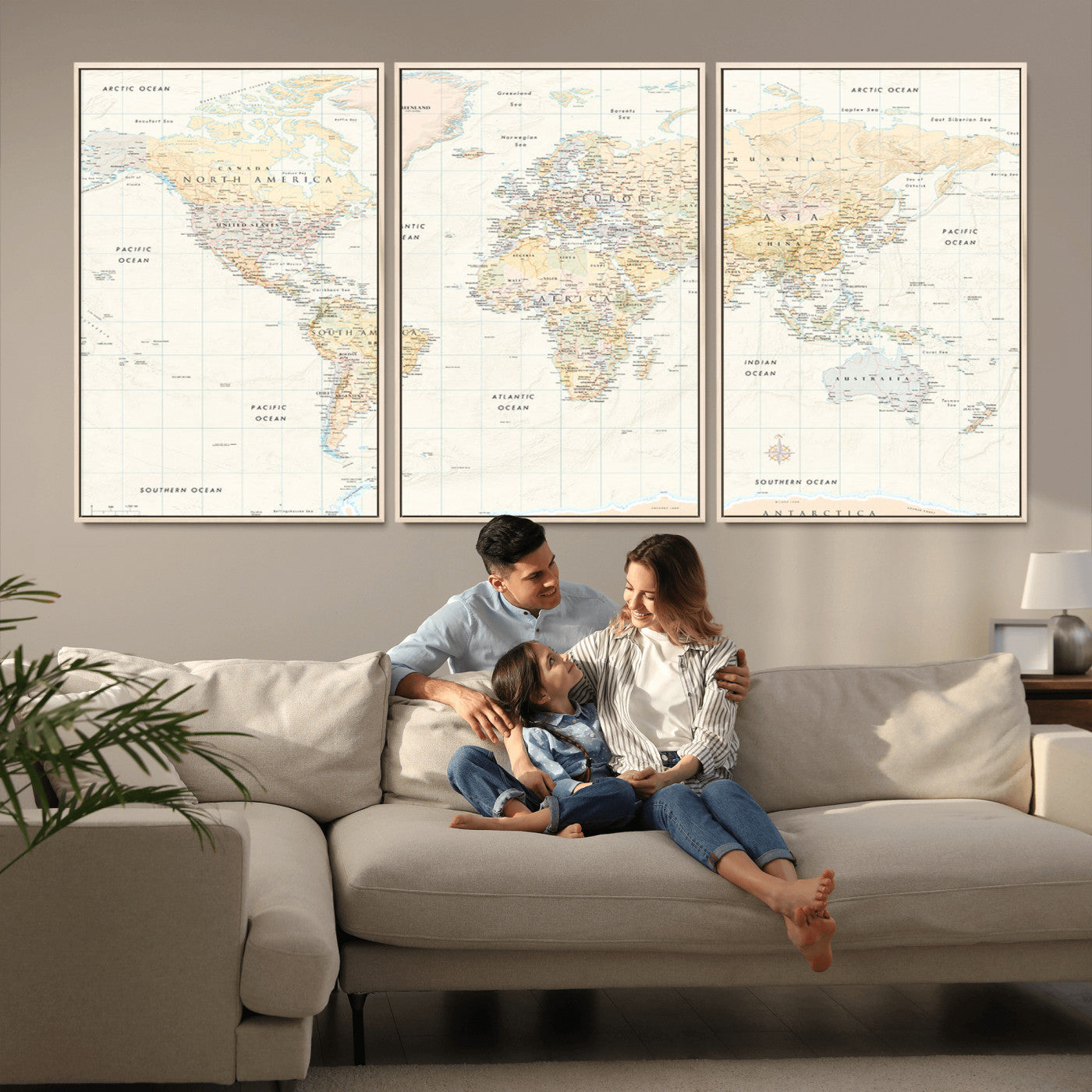 An antique-style world map showing continents, countries, and oceans with soft beige tones, detailed borders, and classic typography, enhanced by a subtle grid overlay and a vintage compass rose.