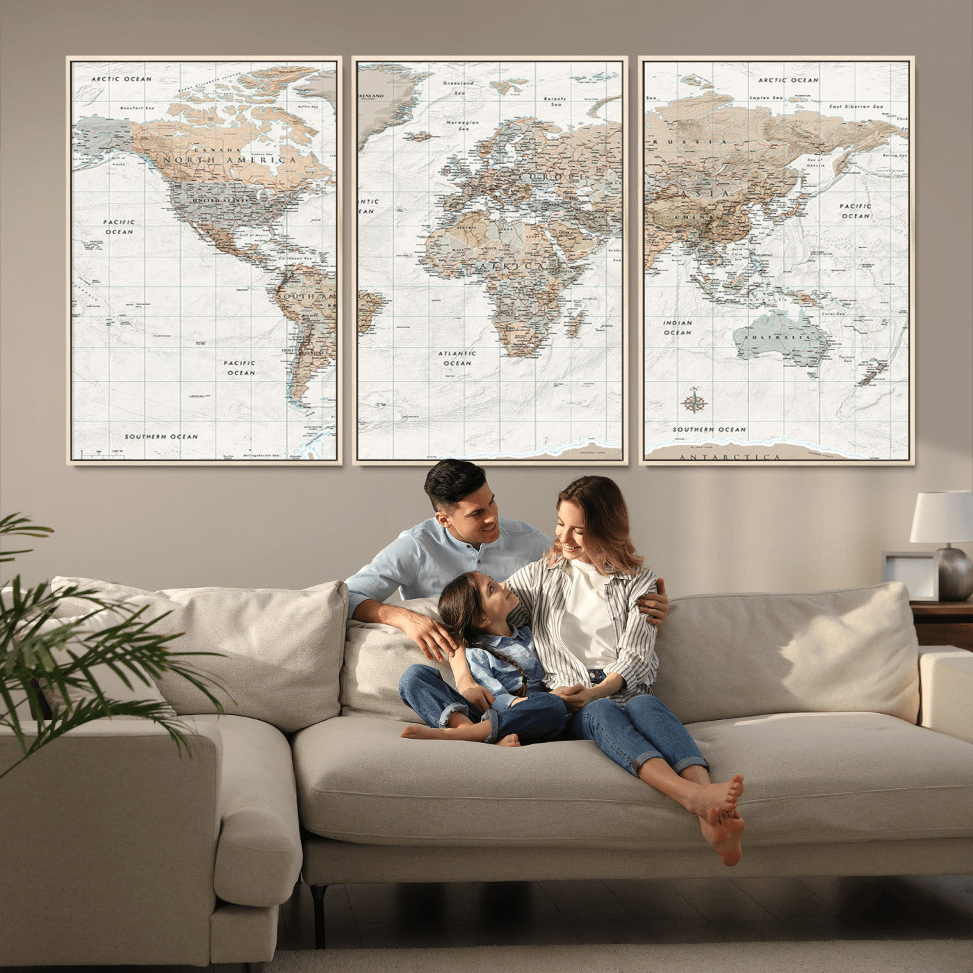 Vintage world map with detailed country borders and labels, featuring soft earthy tones of beige, brown, and gray on a textured parchment background, including oceans, continents, and major cities.