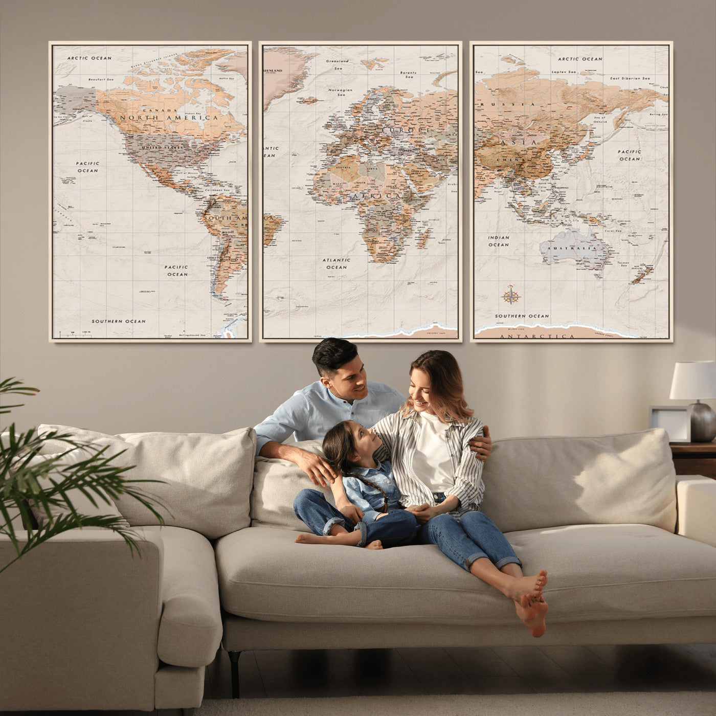 Detailed vintage world map with warm earth tones showing country borders, oceans, continents, and major cities, styled with a textured parchment background.