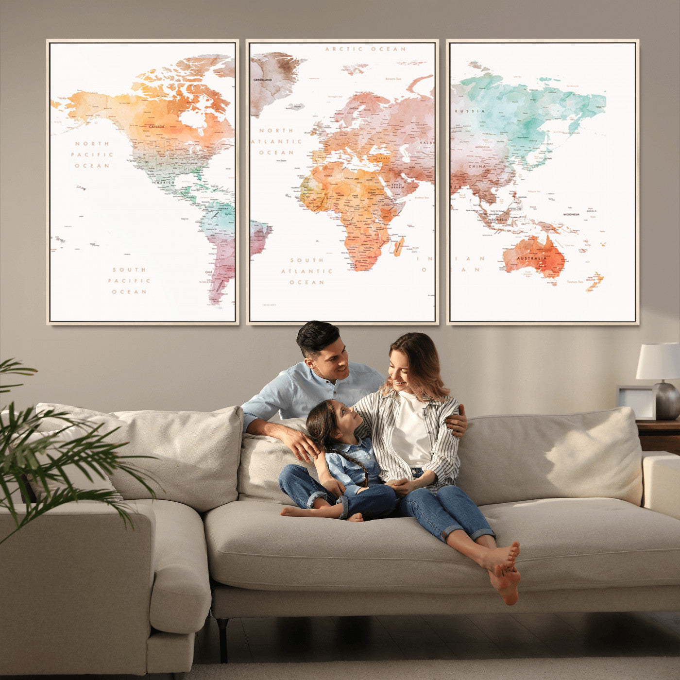 Watercolor world map featuring soft pastel hues in orange, green, blue, and purple on a light background, printed on canvas for vibrant and artistic wall decor.