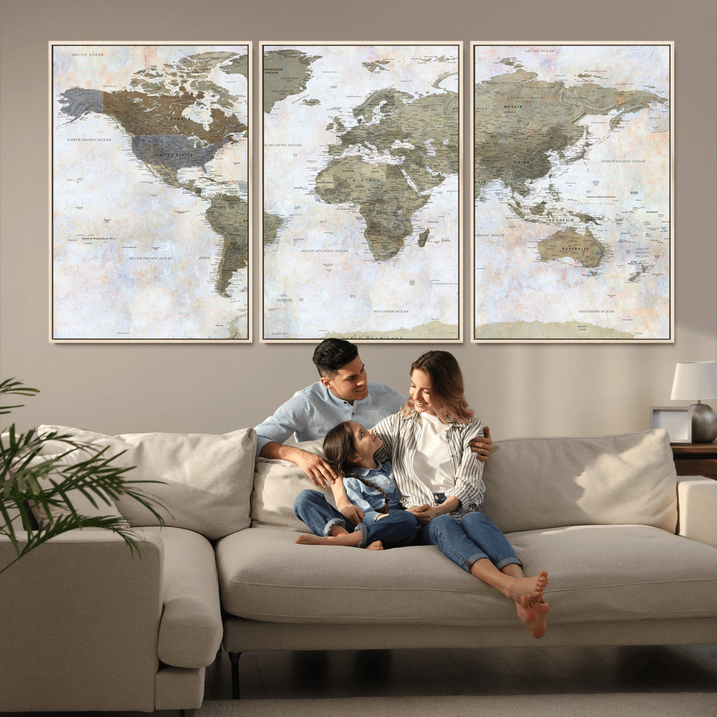 World map printed on a textured canvas with soft muted earth tones and a weathered background, showing detailed countries and continents, perfect for vintage-style wall art.