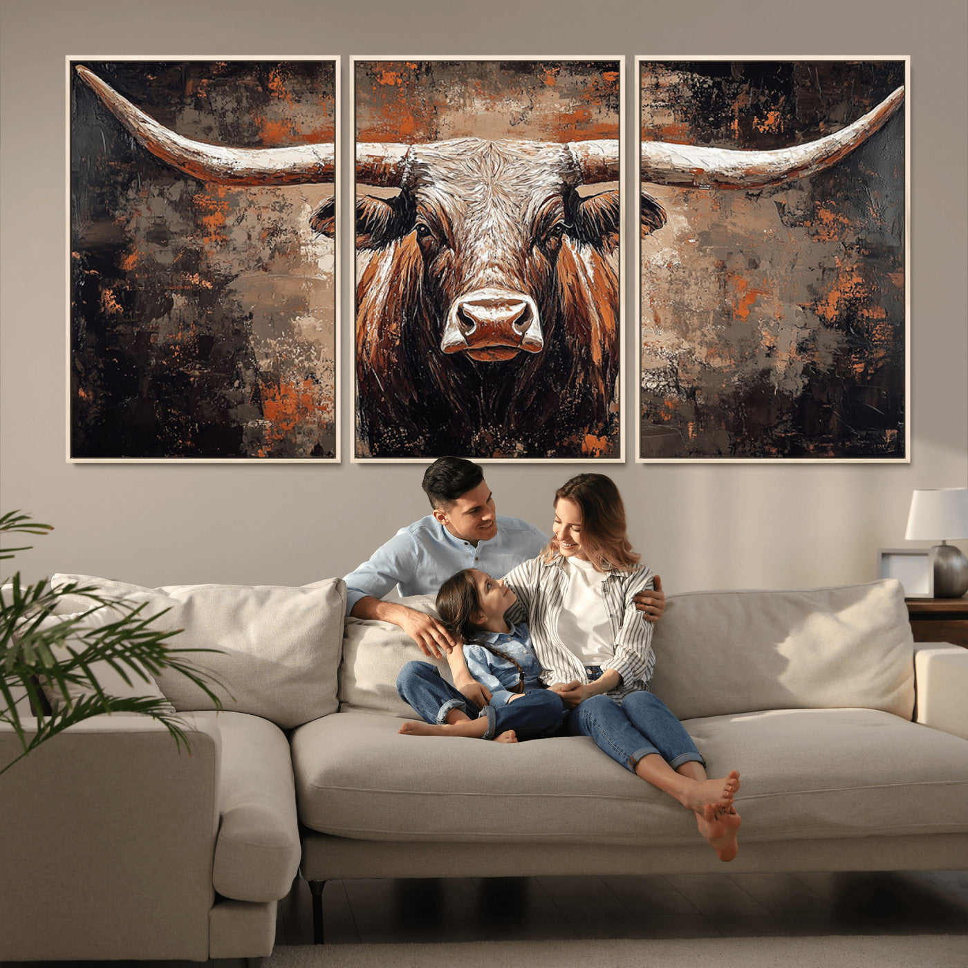 42732393-MGV-FC-60X30-3P_Natural-Rustic Longhorn Bull Wall Art Canvas Print – Vintage Western Cattle Painting, Texas Steer Artwork for Ranch, Farmhouse or Cowboy Decor