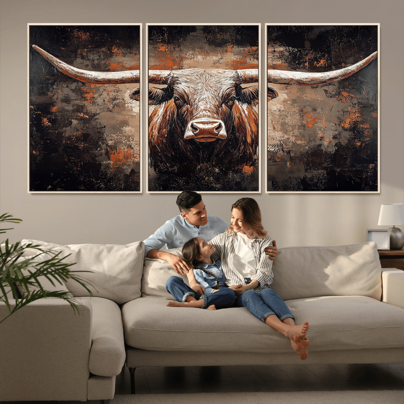 24779067-MGV-FC-60X30-3P_Natural-Rustic Longhorn Bull Wall Art Canvas Print – Vintage Western Cattle Painting, Texas Steer Artwork for Ranch, Farmhouse or Cowboy Decor