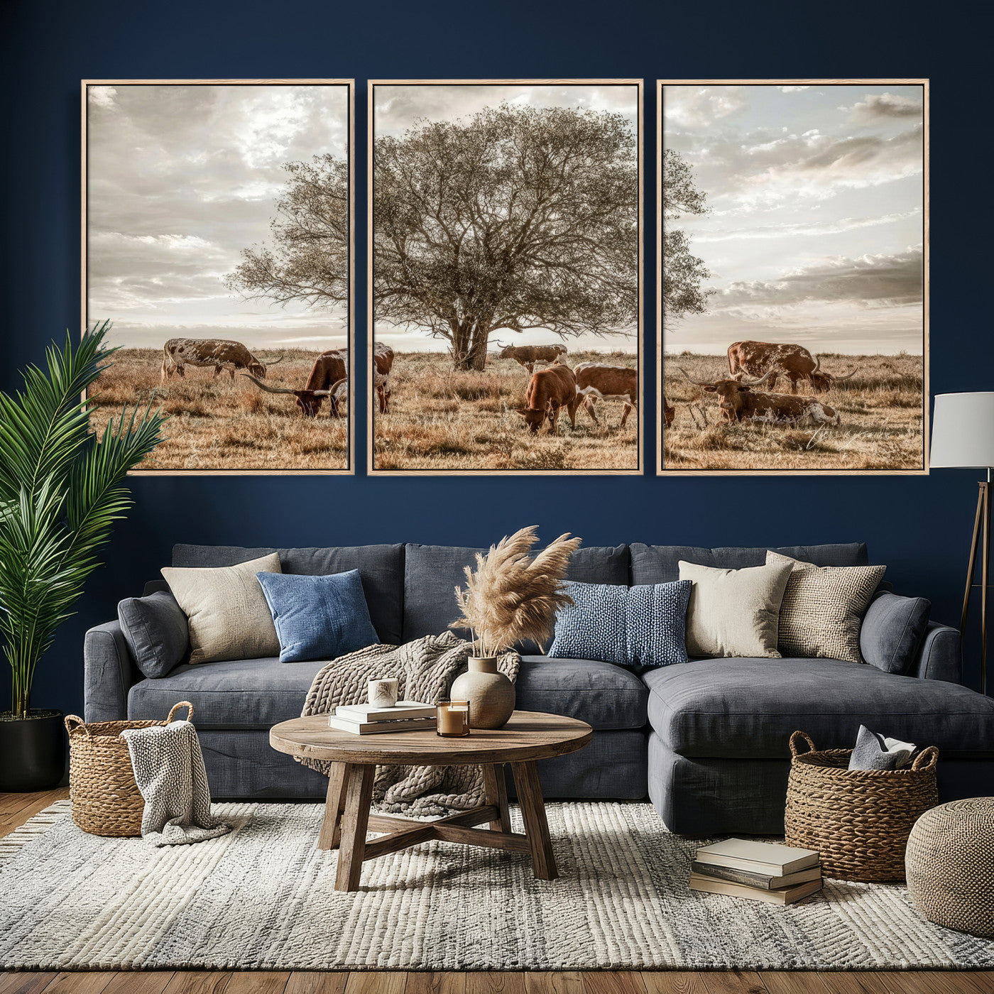 87590224-MGV-CV-36X24 - Texas Longhorn Cattle Wall Art Canvas Print – Rustic Western Ranch Scene with Steers at Sunset, Perfect for Farmhouse or Cowboy Decor