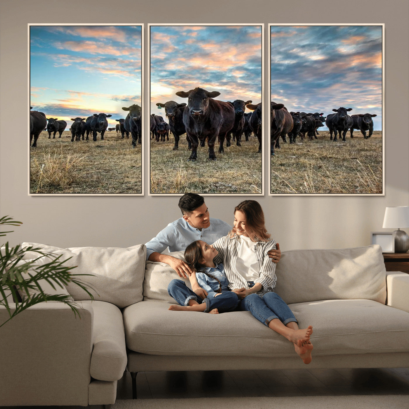 MGV-FC-60X30-3P - Texas Longhorn Cattle Wall Art Canvas Print – Rustic Western Ranch Scene with Steers at Sunset,