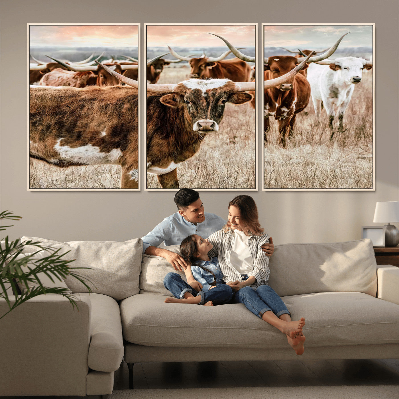 MGV-FC-60X30-3P - Texas Longhorn Cattle Wall Art Canvas Print – Rustic Western Ranch Scene with Steers at Sunset,