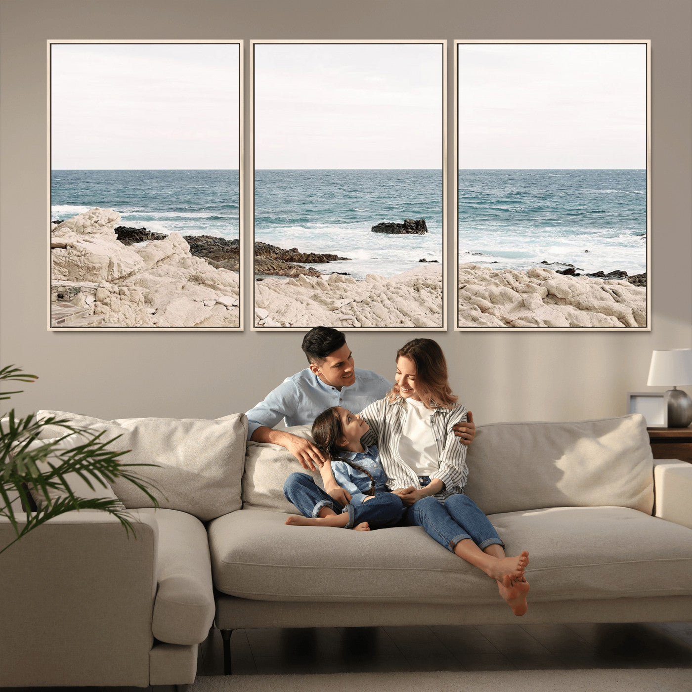 25481980-MGV-FC-60X30-3P_Natural-Coastal Ocean View Wall Art Canvas Print – Serene Rocky Shoreline and Blue Sea Photography for Coastal Chic or Minimalist Home Decor