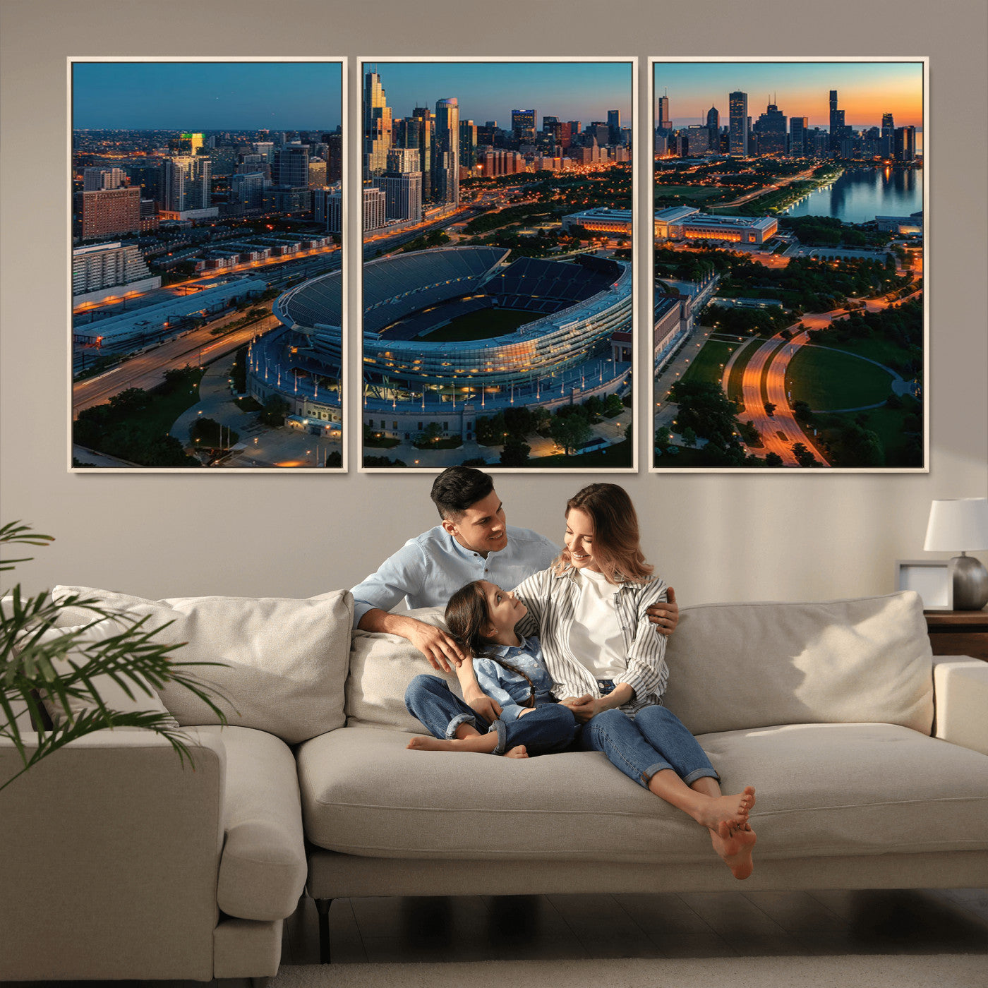 36690345-MGV-FC-60X30-3P_Natural-Chicago Bears Soldiers Field Wall Art Canvas Print – Framed Football Stadium Artwork for Sports Fans, Soldier Field Skyline Canvas Decor for Game Room or Man Cave