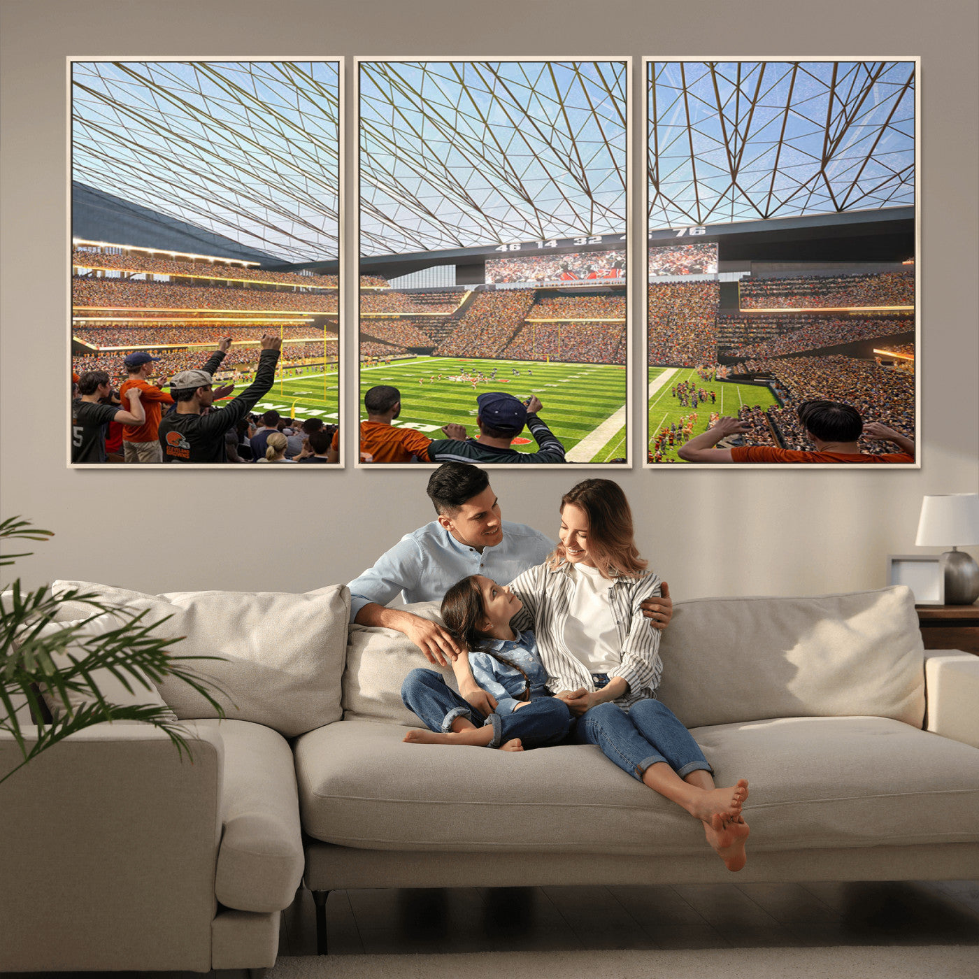 81960112-MGV-FC-60X30-3P_Natural-Cleveland Browns Stadium Wall Art Canvas Print – Framed Football Artwork Featuring Cleveland Skyline and Browns Stadium, Perfect for Man Cave or Game Room Decor