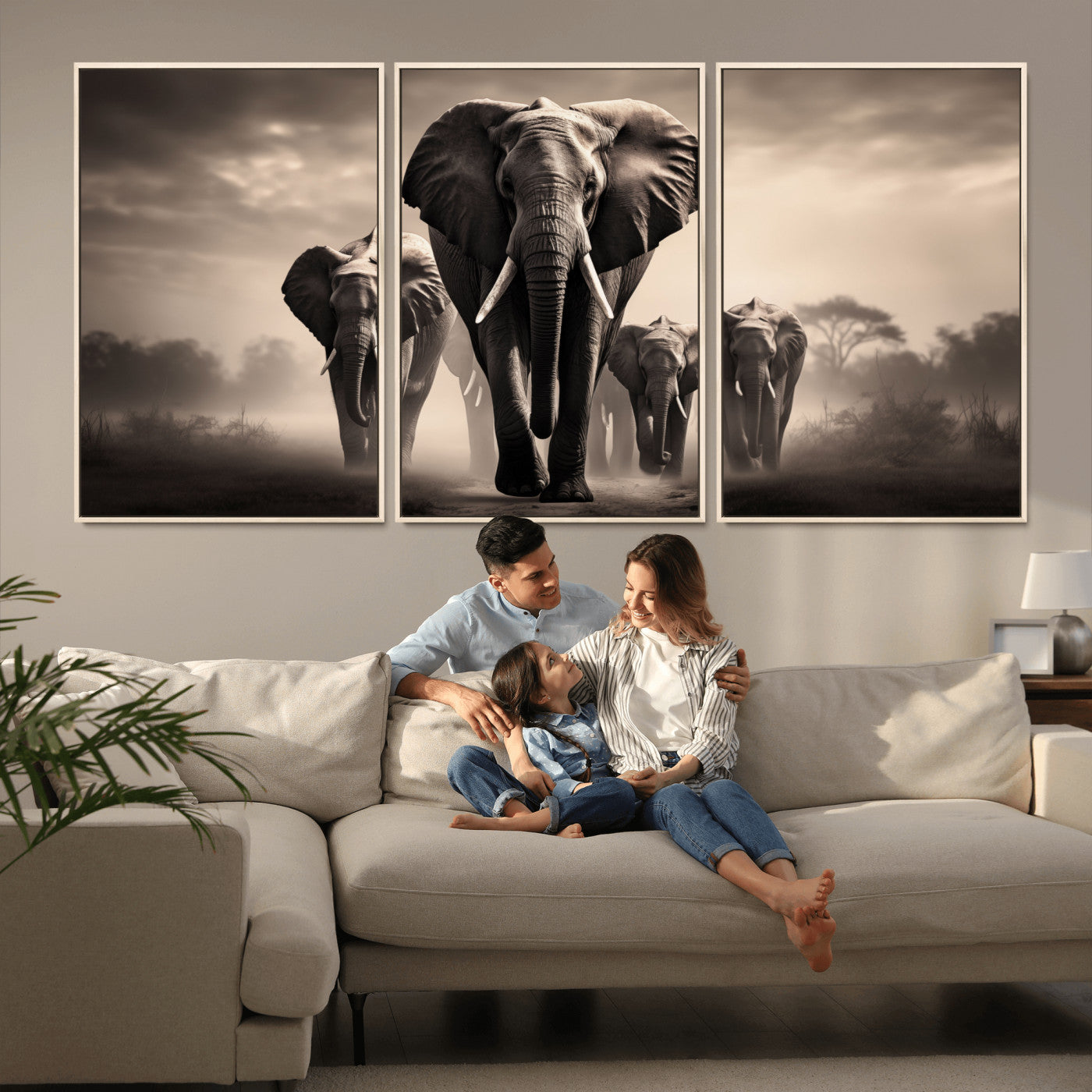 48598F10-MGV-FC-60X30-3P_Natural-Elephant Family Wall Art Canvas Print, Framed Elephant Wall Art Home Decor