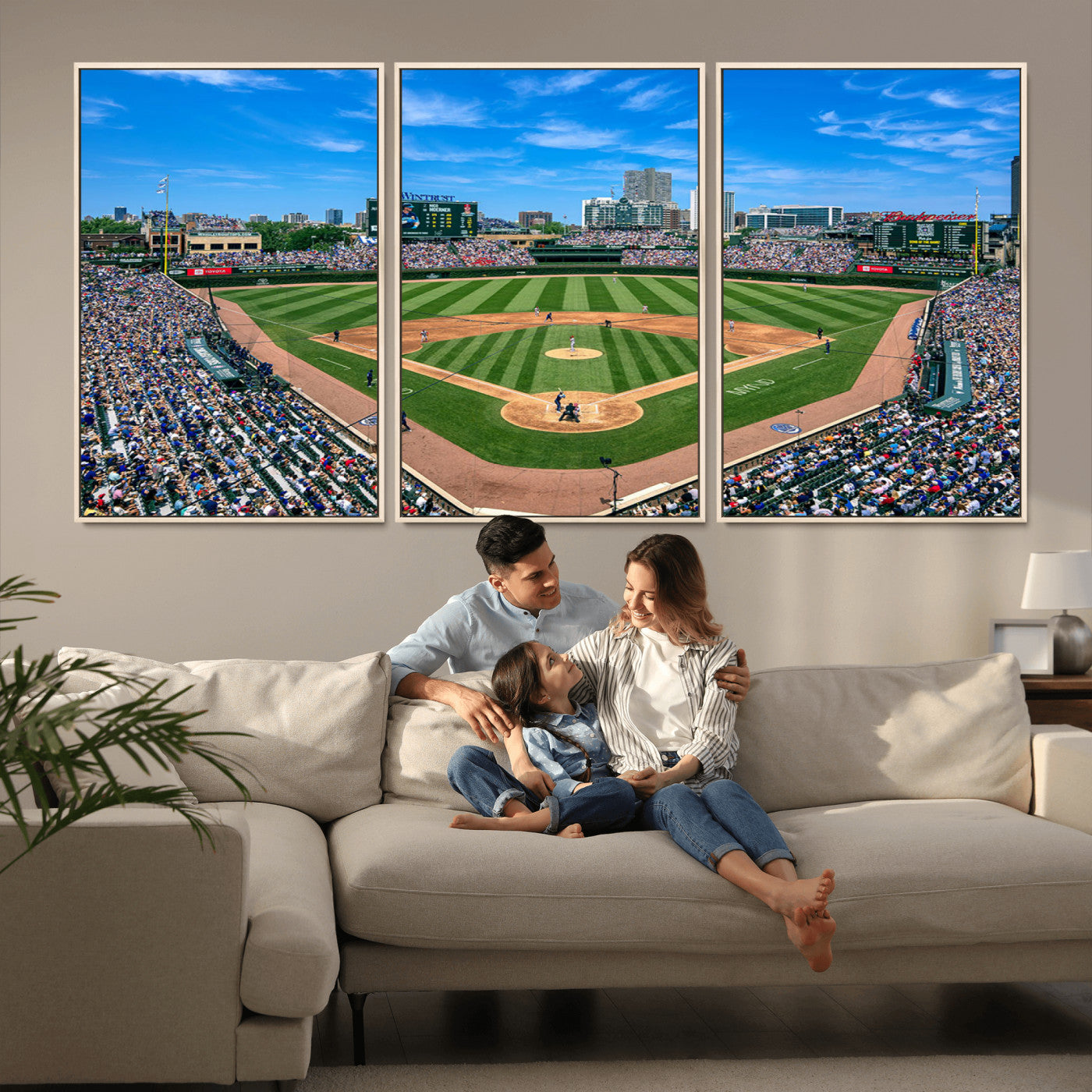 35800083-MGV-FC-60X30-3P - Wrigley Field Baseball Stadium Canvas Wall Art – Packed Crowd Sports Stadium City Skyline Artwork for Home Office