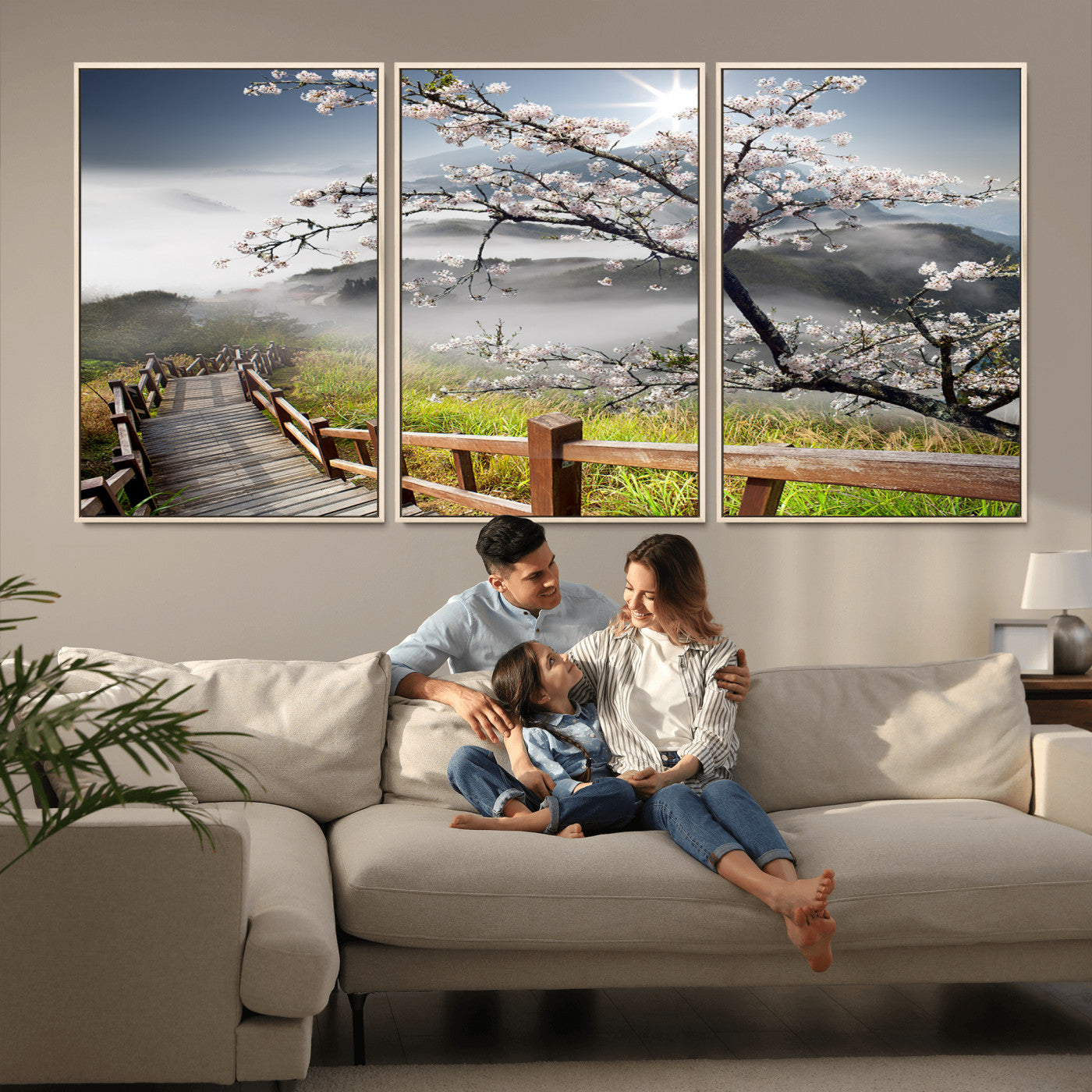 34632598CRY-MGV-FC-60X30-3P_Natural-Sakura Cherry Blossom Pathway Canvas Wall Art – Tranquil Walk Through Blossoming Nature – Ready to Hang