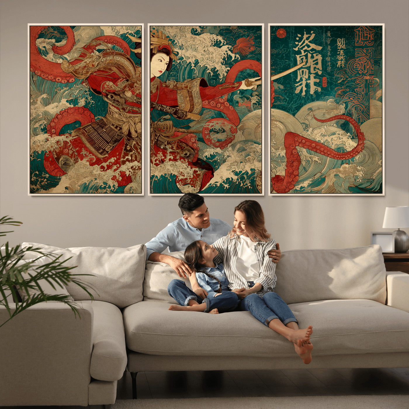 MGV-FC-60X30-3P - Tsukioka Yoshitoshi Samurai Wall Art Print, Japanese Katana Warrior Canvas Wall Art, Octopus Sea Monster Canvas Print,