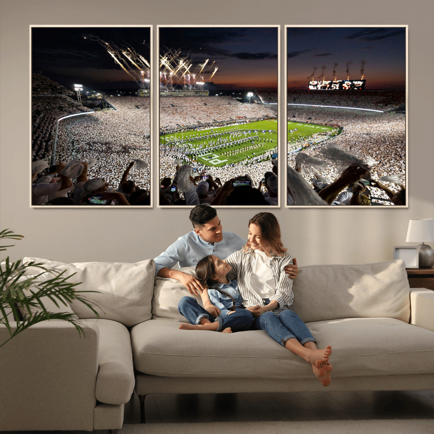 Penn State Stadium Wall Art Print, White Out Football Game Canvas Wall Art, Framed Sports Stadium, Large College Football Canvas Print for Game Room - Man Cave + 555